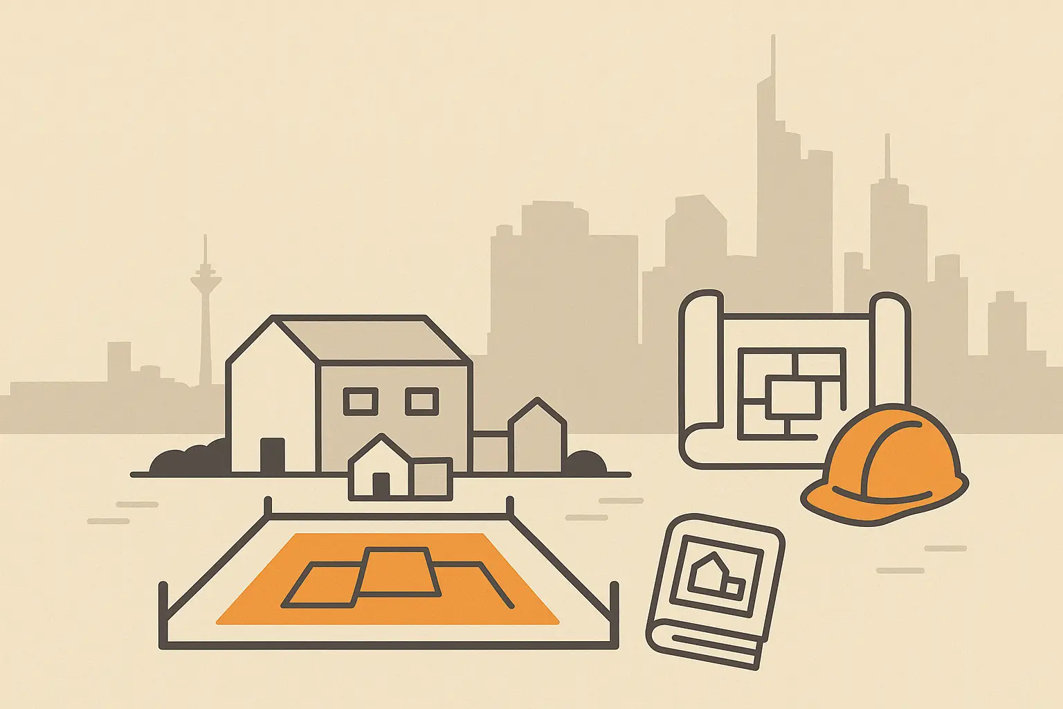 Grundstück verkaufen in Frankfurt: So nutzen Sie das volle Potenzial Ihres Bodens Flat Design Illustration eines leeren Grundstücks mit angedeuteter Bebauung, Bebauungsplan-Skizze und Frankfurt-Silhouette im Hintergrund – Symbolbild für den erfolgreichen Grundstücksverkauf mit Baurechts- und Potenzialfokus.