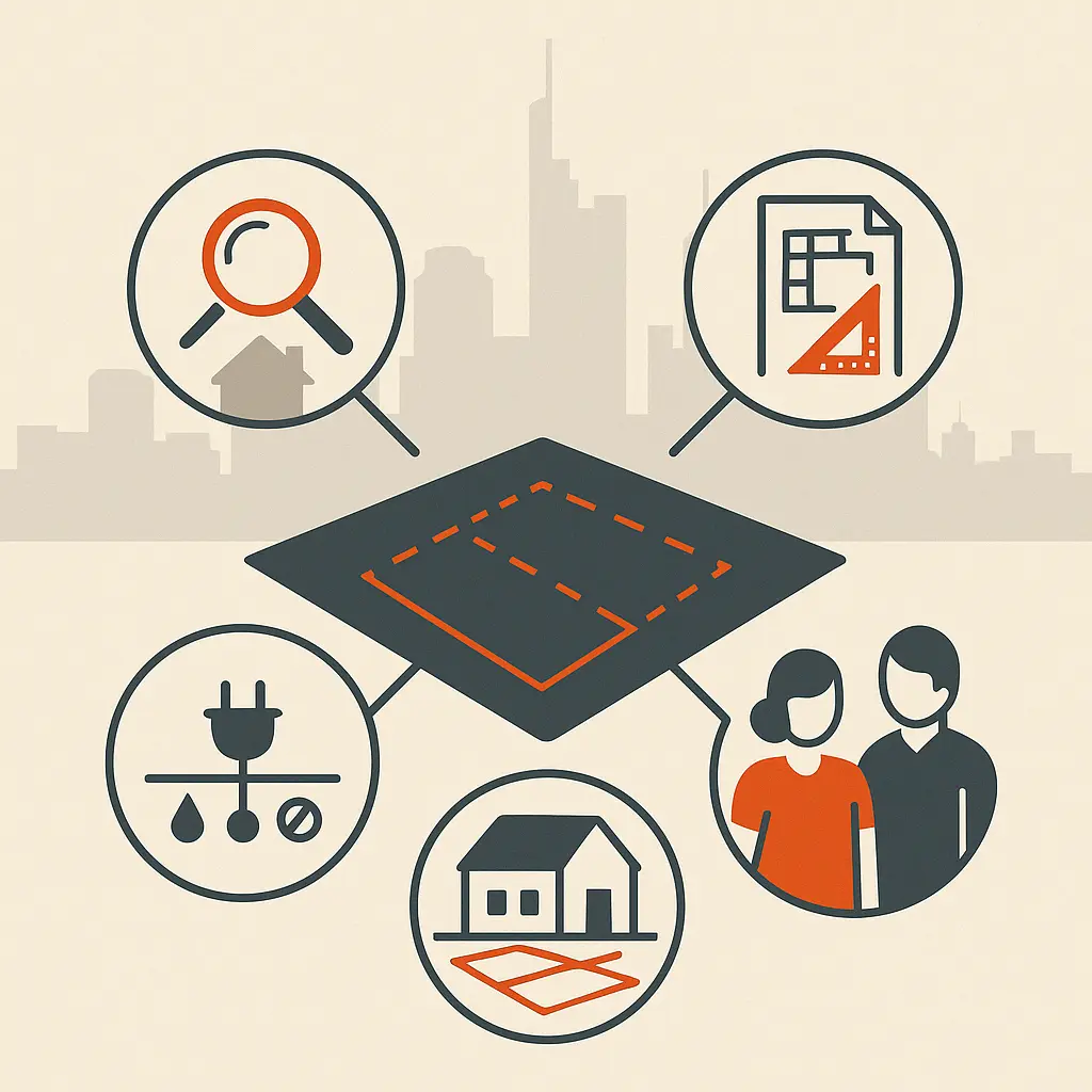 Der Frankfurter Grundstücksmarkt: Potenzial trifft Planung Flat Design Illustration eines Grundstücks mit Icons für Planung, Baurecht, Erschließung, Nachfrage und Käufertypen, eingerahmt von der Skyline Frankfurts – Darstellung der zentralen Einflussfaktoren beim Grundstücksverkauf.