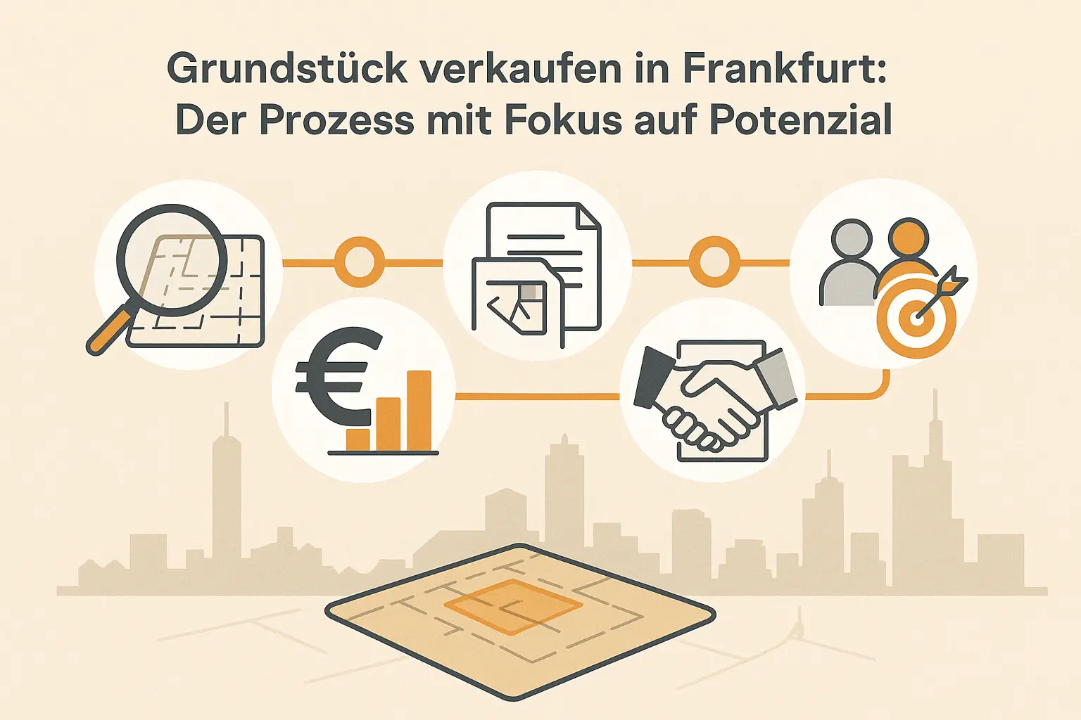 Grundstück verkaufen in Frankfurt: Der Prozess mit Fokus auf Potenzial Flat Design Infografik mit Etappen-Icons für Baurechtsprüfung, Grundstücksbewertung, Unterlagen, Zielgruppen-Marketing und Kaufabschluss – dargestellt über einer Grundstücksgrafik mit Skyline von Frankfurt im Hintergrund.