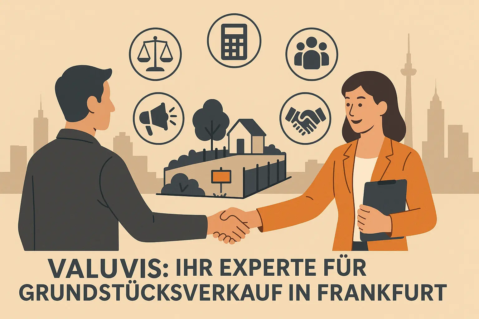 Valuvis: Ihr Experte für Grundstücksverkauf in Frankfurt Flat Design Illustration mit Immobilienberatung zwischen Eigentümer und Maklerin vor einem Grundstück, umgeben von Icons für Baurecht, Bewertung, Käufernetzwerk, Vermarktung und Verhandlung – mit Skyline von Frankfurt im Hintergrund.