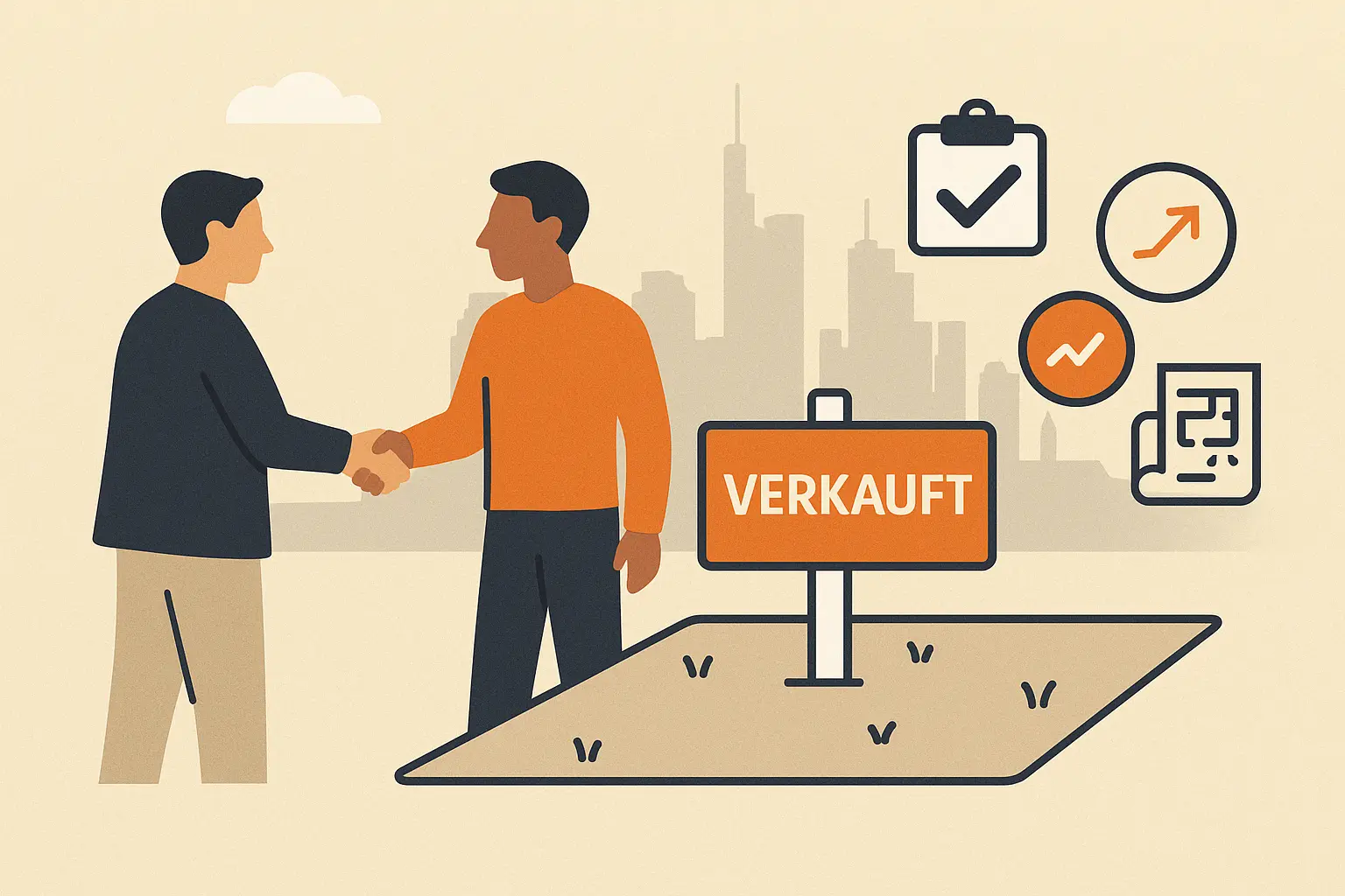 Fazit: Machen Sie das Beste aus Ihrem Frankfurter Boden Flat Design Illustration mit zwei Personen beim Handschlag vor einem verkauften Grundstück, ergänzt durch Symbole für Planung, Wachstum und Erfolg – im Hintergrund die Frankfurter Skyline als Zeichen für einen gelungenen Grundstücksverkauf.
