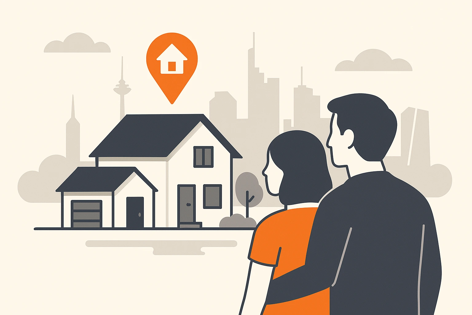 Haus verkaufen Frankfurt Flat-Design-Illustration eines Paares vor einem stilisierten Einfamilienhaus mit dezentem Garten. Im Hintergrund die abstrahierte Skyline von Frankfurt – symbolisiert den strukturierten Hausverkauf im lokalen Markt.