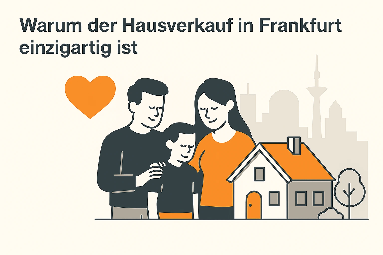Emotionen beim Hausverkauf in Frankfurt Flat-Design-Illustration einer stilisierten Familie vor einem modernen Haus mit Garten. Ein Herz-Symbol betont die emotionale Verbundenheit zum Zuhause, im Hintergrund die abstrahierte Skyline von Frankfurt – symbolisiert die emotionale Seite des Verkaufsprozesses.