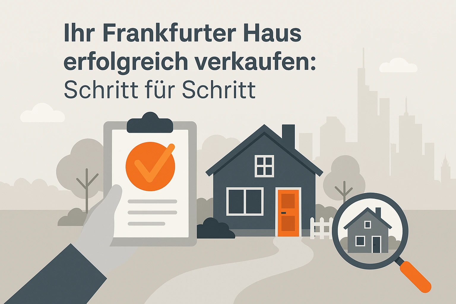 Checkliste für den Hausverkauf in Frankfurt Flat-Design-Illustration mit stilisiertem Haus, Checkliste, Lupe und Standortsymbol vor der Skyline von Frankfurt – symbolisiert den strukturierten Verkaufsprozess eines Hauses mit Fokus auf Vorbereitung, Bewertung und Marktstrategie.