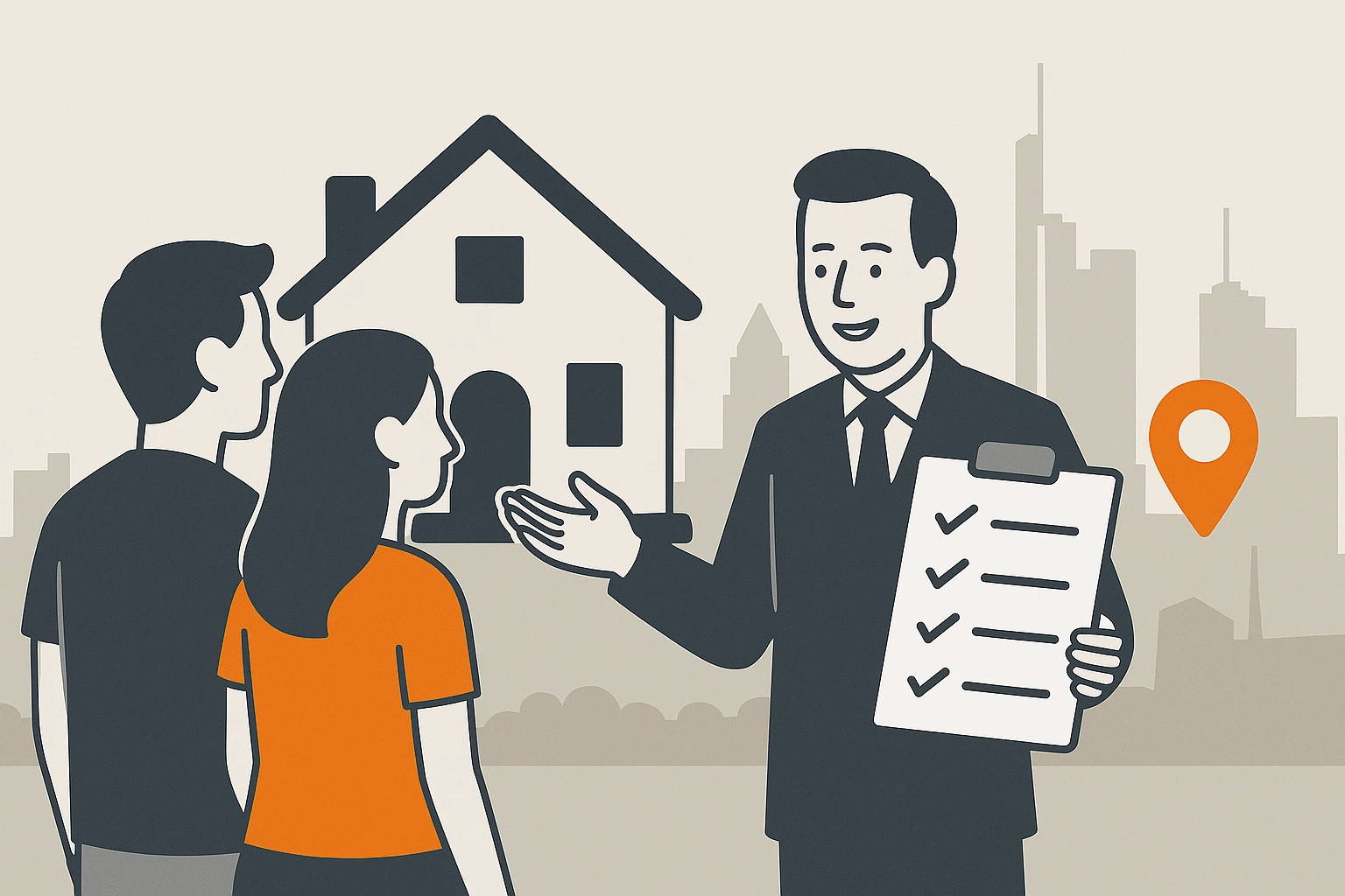 Valuvis Makler Beratung Familie Flat-Design-Illustration eines Immobilienmaklers mit einem Paar vor einem stilisierten Haus und der Skyline von Frankfurt – symbolisiert die persönliche und professionelle Begleitung durch Valuvis beim Hausverkauf.