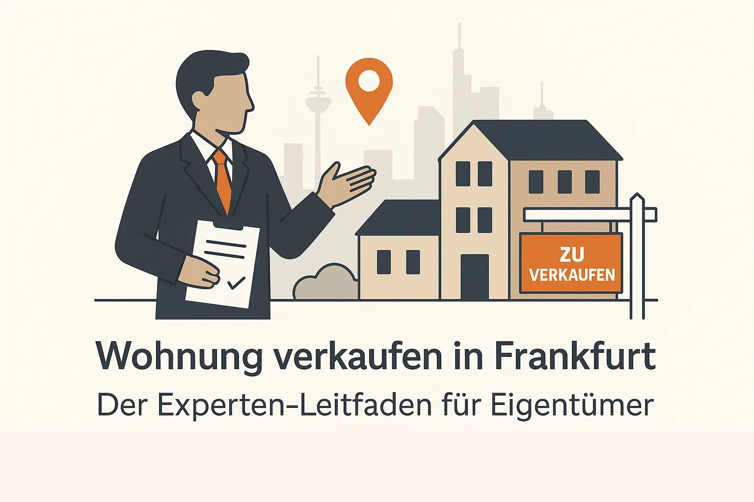 Flat Design Illustration eines Immobilienmaklers vor einem Mehrfamilienhaus mit „Zu Verkaufen“-Schild, im Hintergrund die stilisierte Skyline von Frankfurt – Symbolbild für den Wohnungsverkauf in Frankfurt.