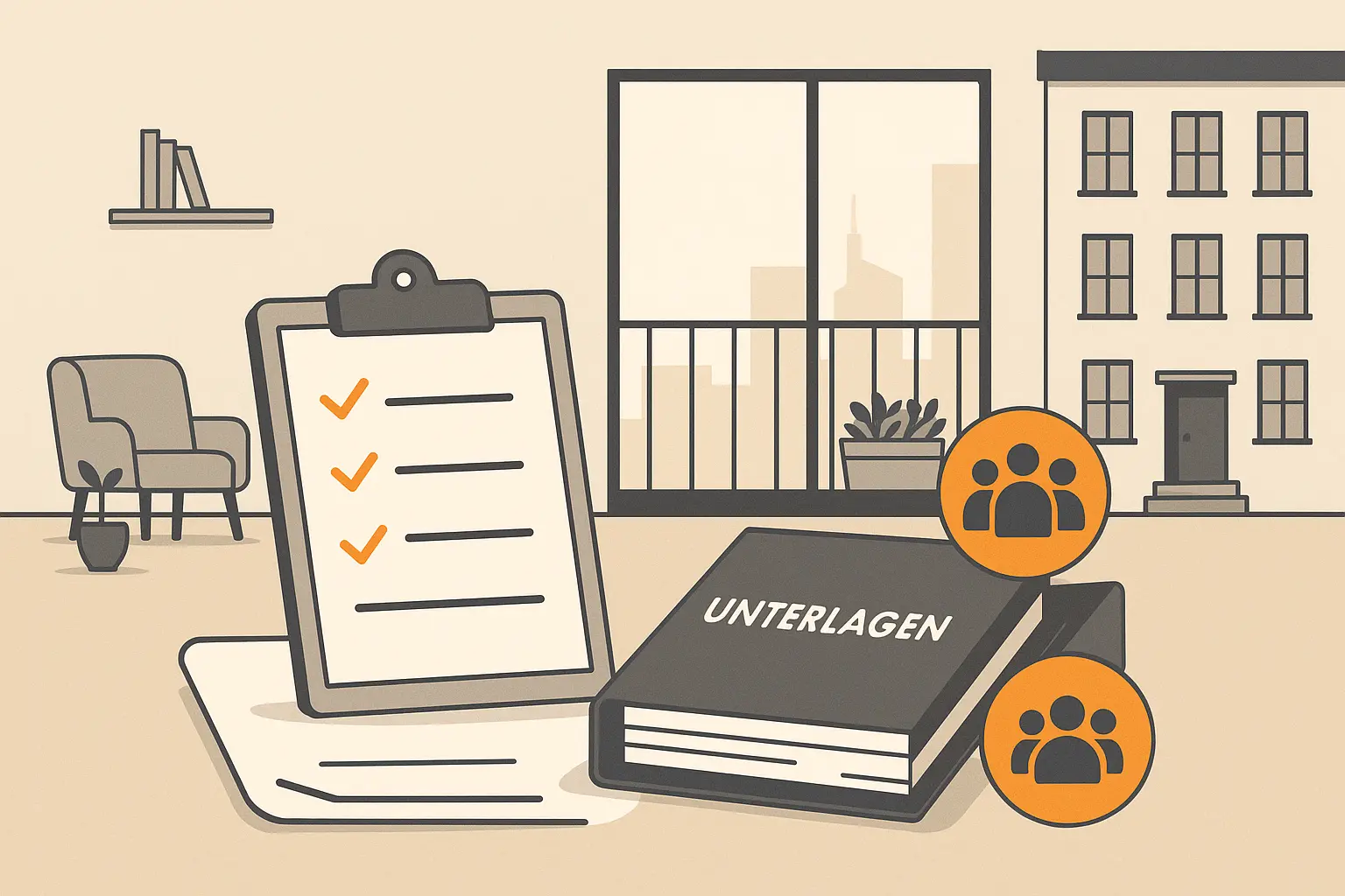 Flat Design Illustration mit Wohnzimmer, Checkliste, Ordner „Unterlagen“ und Symbolen für die Eigentümergemeinschaft (WEG) – dargestellt vor dem Hintergrund eines Mehrfamilienhauses mit Balkon und Skyline von Frankfurt.