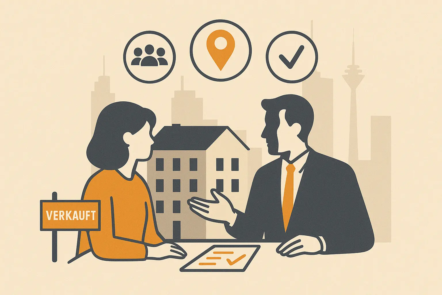 Flat Design Illustration mit Immobilienberater und Eigentümerin im Gespräch, „Verkauft“-Schild vor einem Mehrfamilienhaus, Icons für WEG, Standort und Transparenz, mit Frankfurter Skyline im Hintergrund.