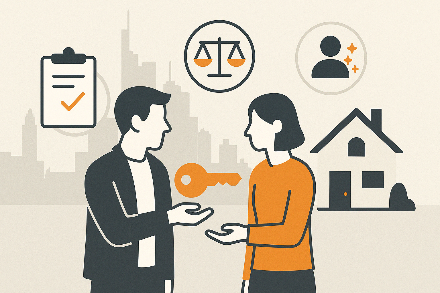 Flat Design Illustration im Querformat mit Schlüsselübergabe zwischen Vermieter:in und Mieter:in, ergänzt durch Icons für Mietvertrag, Fairness, Mieterauswahl und Wohnhaus – vor der Frankfurter Skyline.