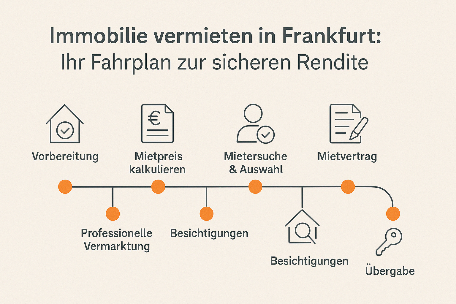 Flat Design Infografik im Querformat mit sieben klar dargestellten Schritten zur Immobilienvermietung – von der Vorbereitung über Mietpreisermittlung, Vermarktung, Mieterauswahl, Besichtigungen und Mietvertrag bis zur Übergabe – mit Icons in CI-Farben und Skyline von Frankfurt im Hintergrund.