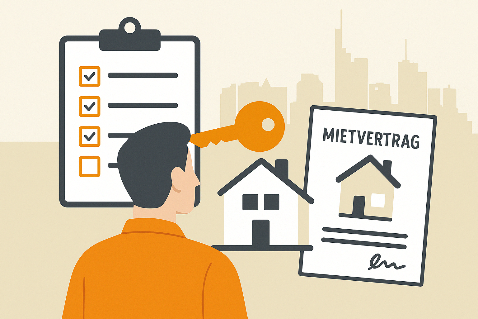 Flat Design Illustration im Querformat mit Beratungsszene zwischen Vermieter:in und Makler:in, umgeben von Icons für Bonitätsprüfung, rechtssichere Verträge, Mietpreisermittlung, Zeitersparnis und Entlastung – mit der Skyline von Frankfurt im Hintergrund.