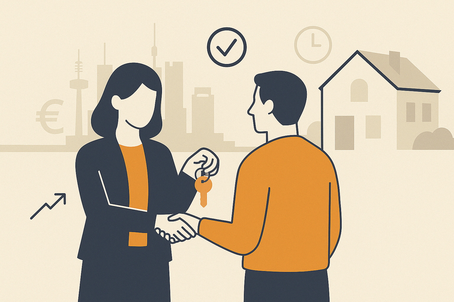 Flat Design Illustration im Querformat mit Schlüsselübergabe zwischen Makler und Eigentümer, ergänzt durch dezente Symbole für Rendite und Sicherheit – im Hintergrund die Skyline von Frankfurt. Visualisiert den erfolgreichen Abschluss einer Immobilienvermietung.