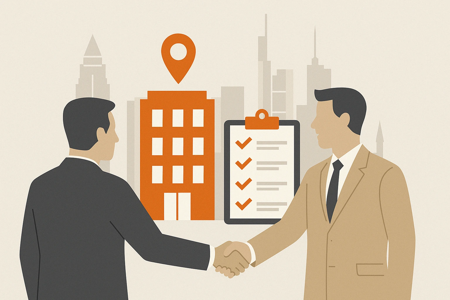 Büro vermieten in Frankfurt: Experten-Leitfaden für Vermieter Illustration zweier Geschäftsleute beim Handschlag vor einem Bürogebäude in Frankfurt mit Checkliste – Symbolbild für Bürovermietung und professionelle Immobilienberatung.