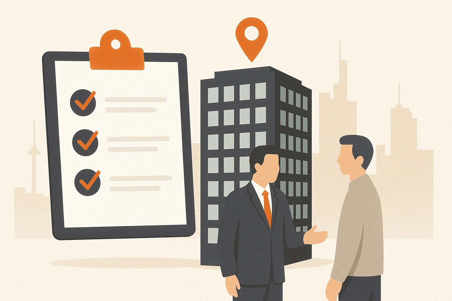 Büromarkt Frankfurt: Gewerbemietvertrag Checkliste Illustration eines Bürogebäudes mit Checkliste, Geschäftsmann und Skyline – Symbolbild für Gewerbemietvertrag, Mietpreisfindung und Unternehmensmieter in Frankfurt.