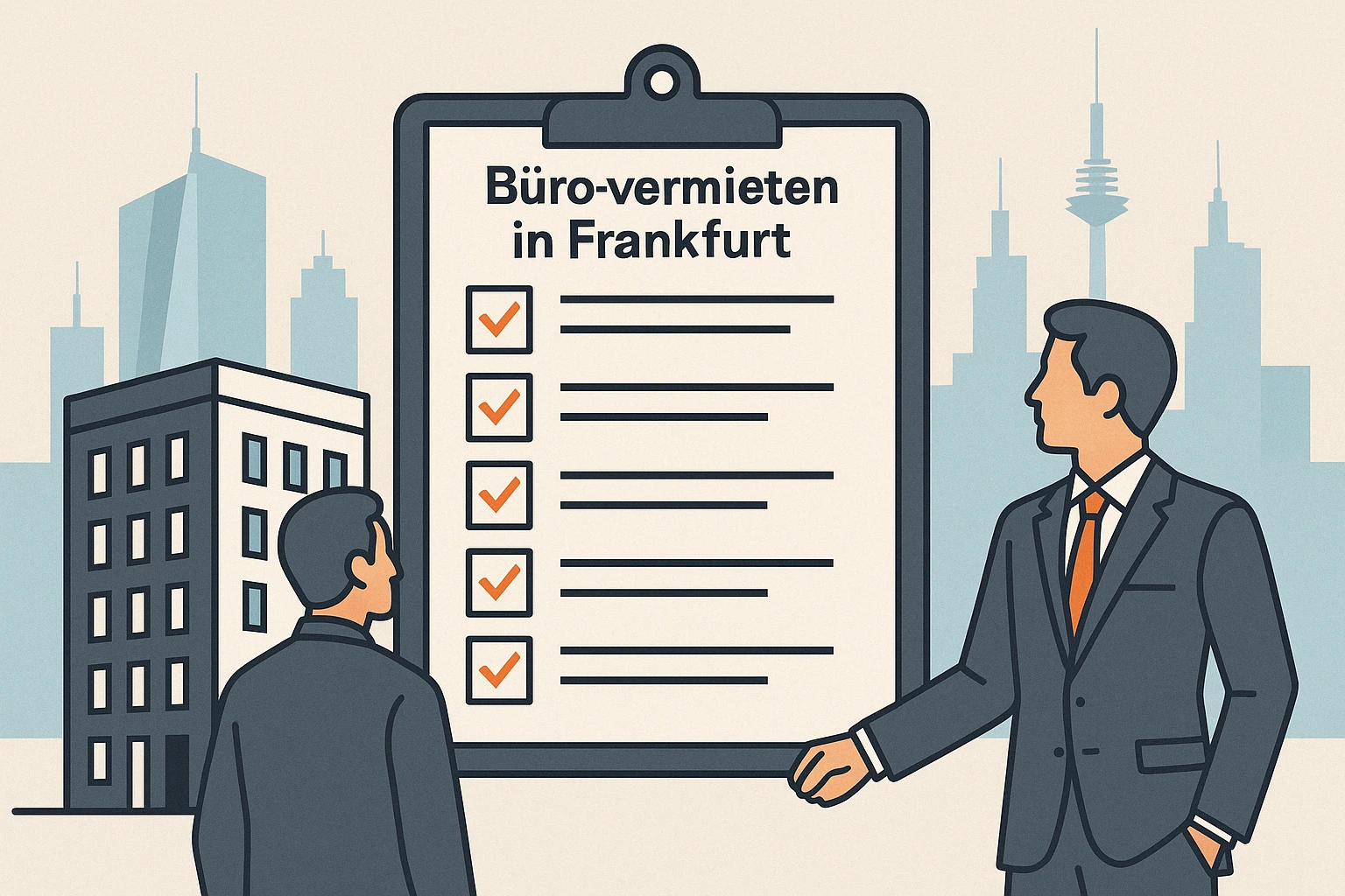 Schritte zur Bürovermietung in Frankfurt Illustration mit sechsstufigem Ablauf zur Bürovermietung in Frankfurt – Bürogebäude, Checkliste und Geschäftsmann vor Skyline im Flat Design.