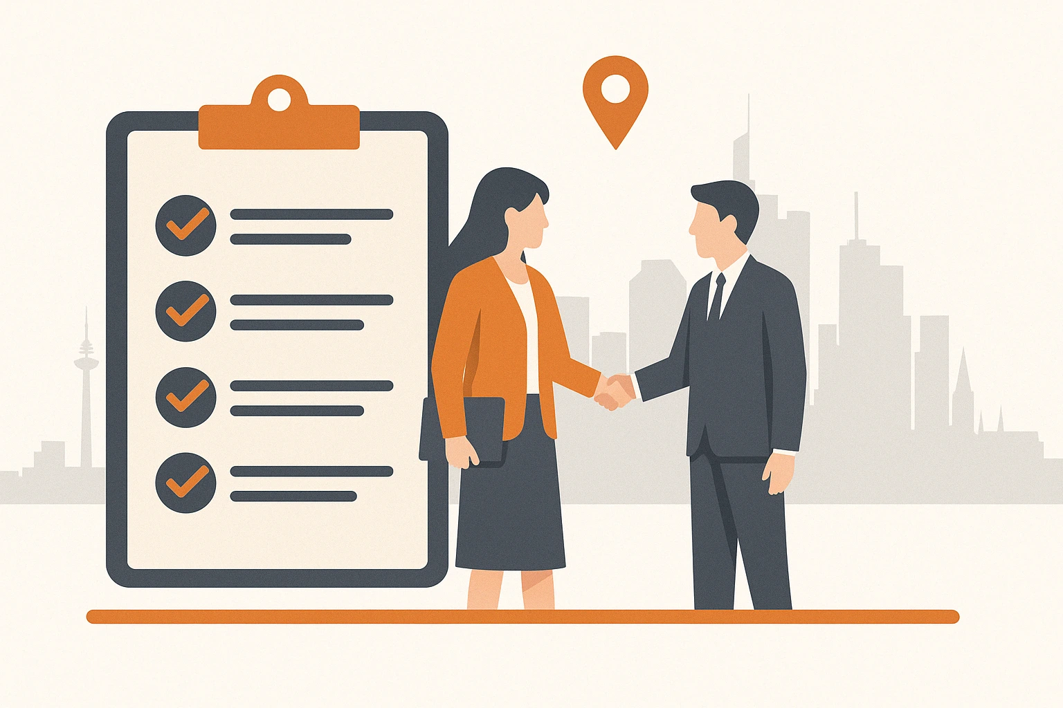 Valuvis Bürofläche vermieten Expertenhilfe Flat Design Illustration mit Handschlag vor Skyline, Checkliste und Standortmarker – Symbolbild für professionelle Bürovermietung mit Valuvis in Frankfurt.