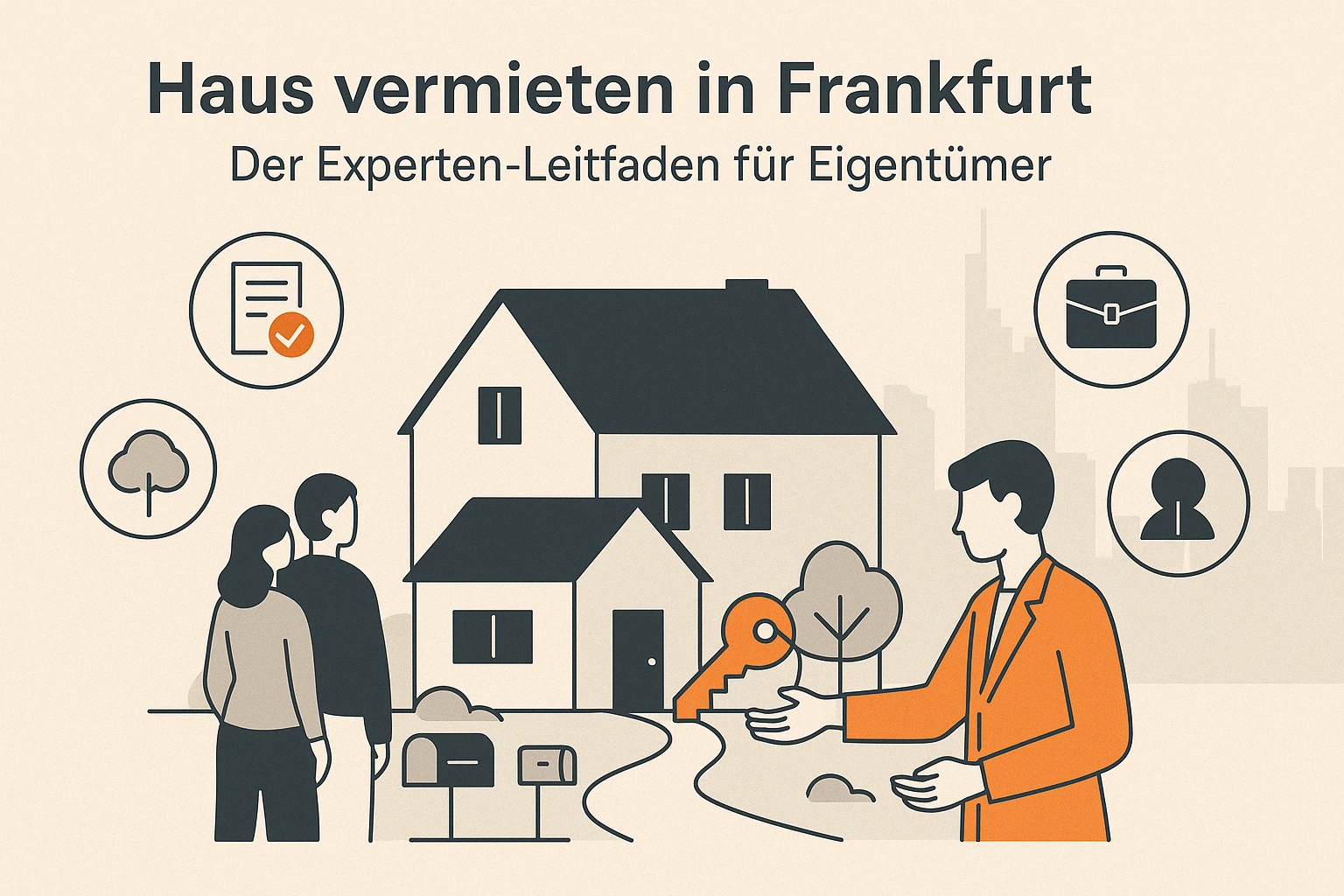 Haus vermieten in Frankfurt – Der Experten-Leitfaden für Eigentümer Flat Design Illustration im Querformat mit einem stilisierten Einfamilienhaus, Schlüsselübergabe und Icons für Mietvertrag, Gartenpflege und Verantwortung – mit Skyline von Frankfurt im Hintergrund. Visualisiert die Besonderheiten bei der Vermietung eines Hauses in Frankfurt.