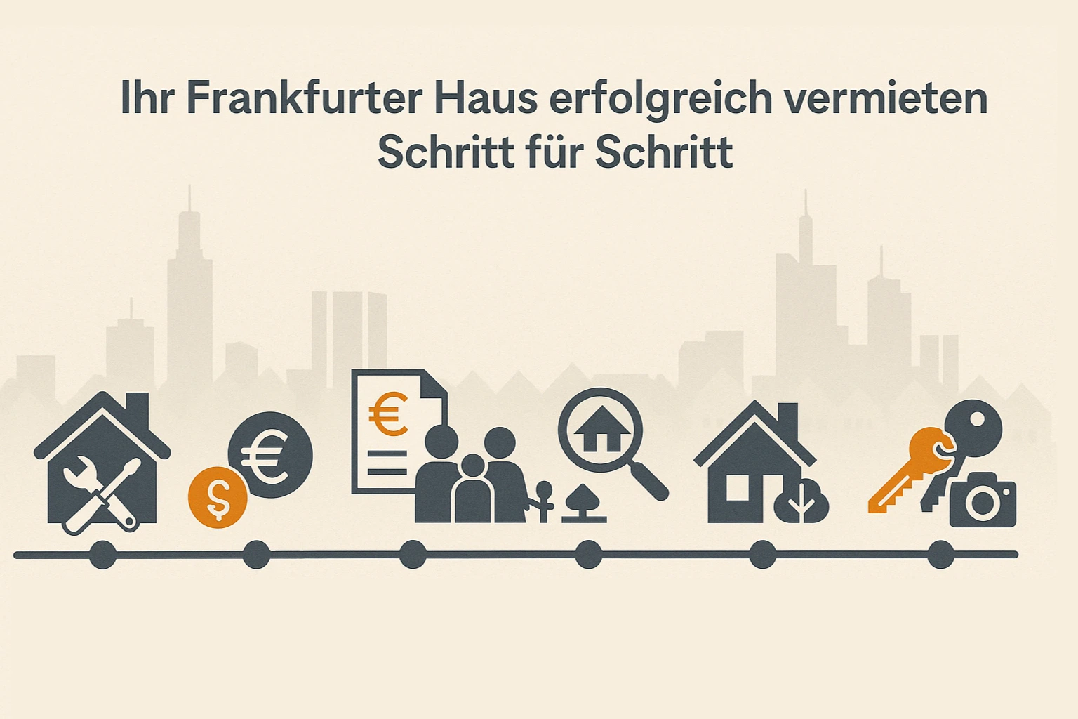 Ihr Frankfurter Haus erfolgreich vermieten – Schritt für Schritt Flat Design Infografik im Querformat mit sieben Stationen zur Hausvermietung in Frankfurt – von der Vorbereitung bis zur Übergabe. Jede Phase wird durch ein klares Icon dargestellt, ergänzt durch Frankfurter Skyline im Hintergrund.