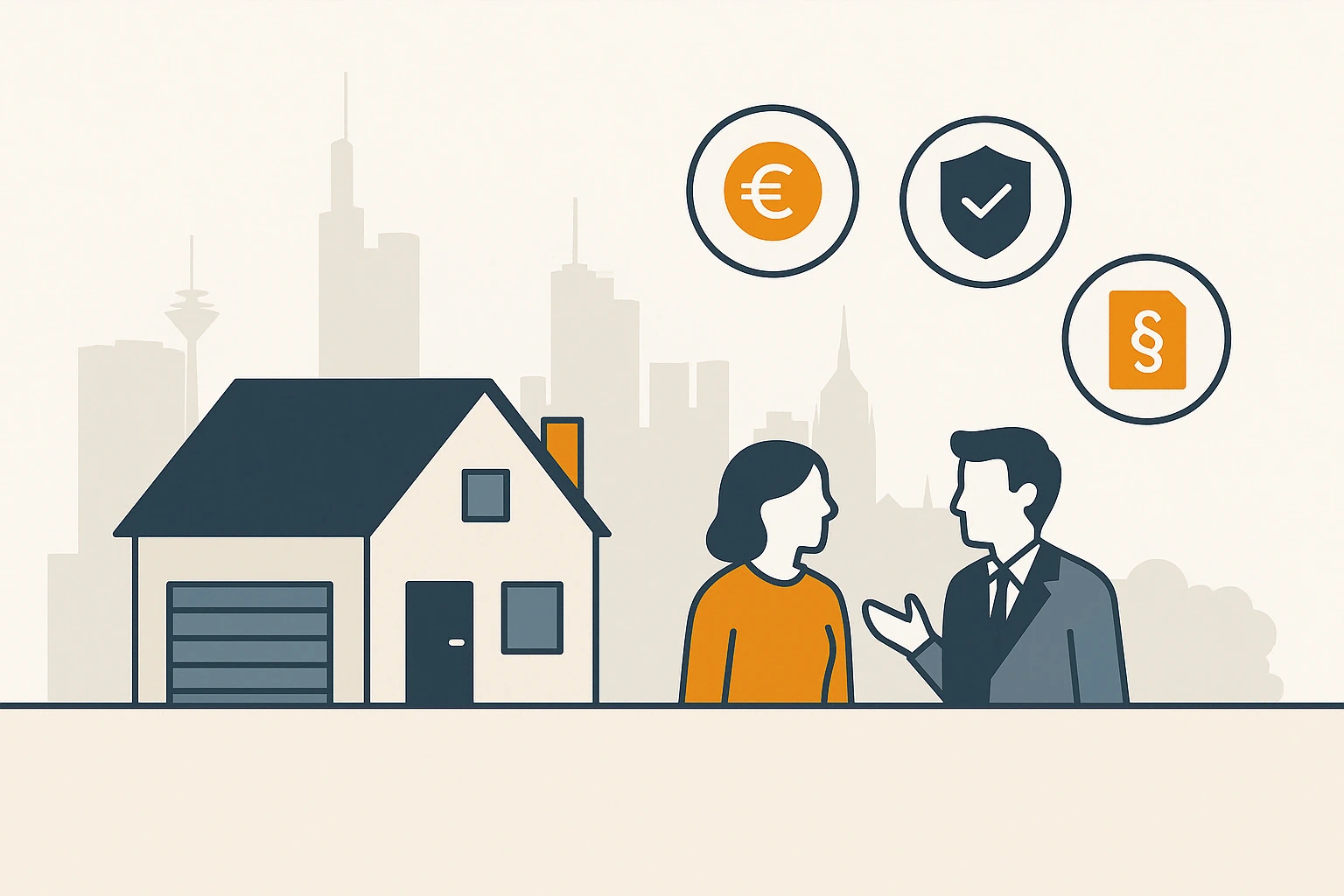 Wert erhalten, Rendite sichern bei der Hausvermietung Flat Design Illustration im Querformat mit einem stilisierten Haus, daneben Eigentümer:in und Makler:in im Gespräch, ergänzt durch Icons für sichere Rendite, Werterhalt und rechtliche Klarheit – Skyline von Frankfurt dezent im Hintergrund. Visualisiert das Fazit einer erfolgreichen Hausvermietung mit professioneller Unterstützung.