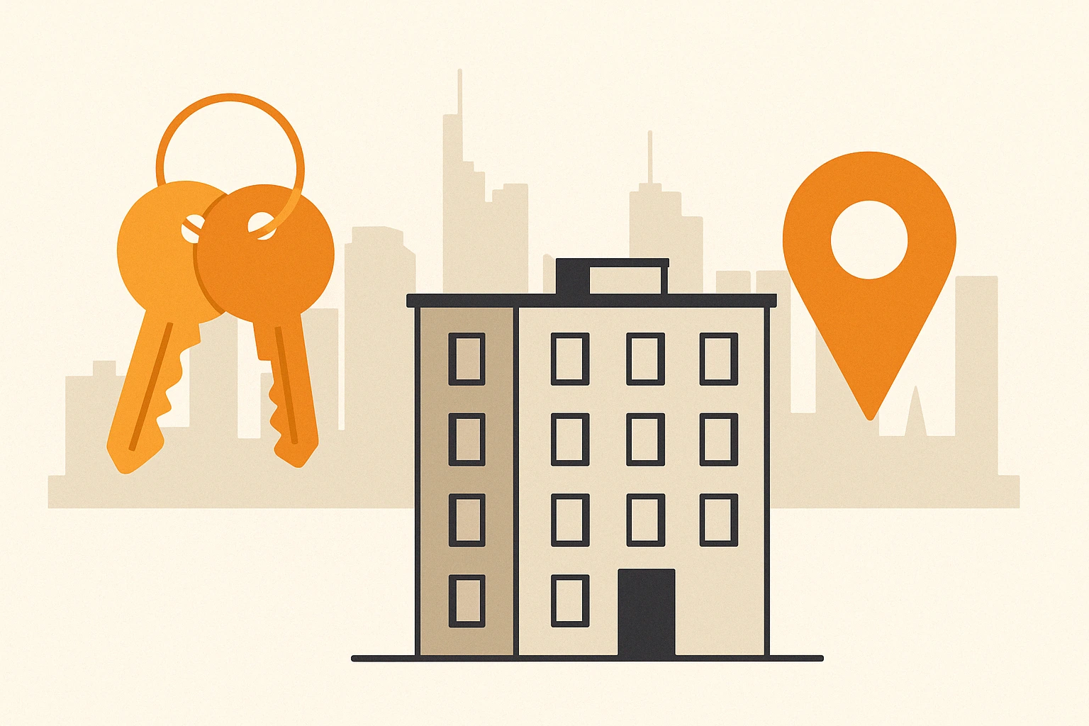 Wohnung vermieten in Frankfurt: Der Leitfaden für Eigentümer von Eigentumswohnungen (ETW) Flat Design Illustration zur Vermietung einer Eigentumswohnung in Frankfurt mit Schlüsselbund, Frankfurt-Skyline und Lage-Pin.