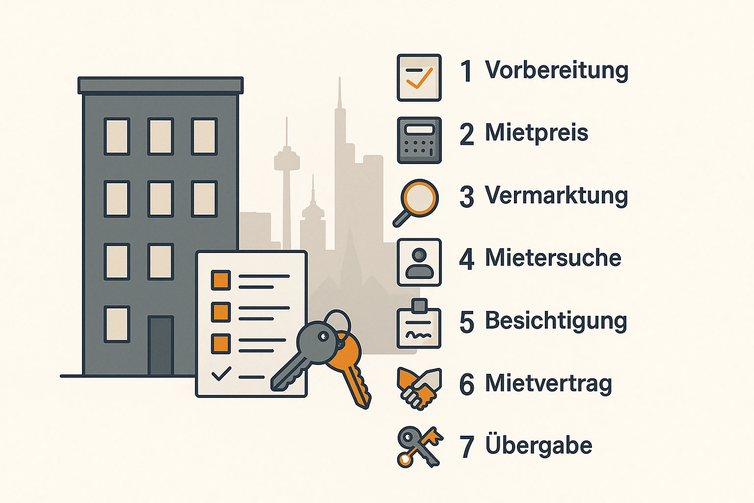 Vermietungsprozess in Frankfurt: Schritt-für-Schritt-Anleitung zur Wohnungsvermietung Illustration mit sieben Schritten zur Wohnungsvermietung in Frankfurt – Checkliste, Wohnung, Schlüssel und Skyline im Flat Design.