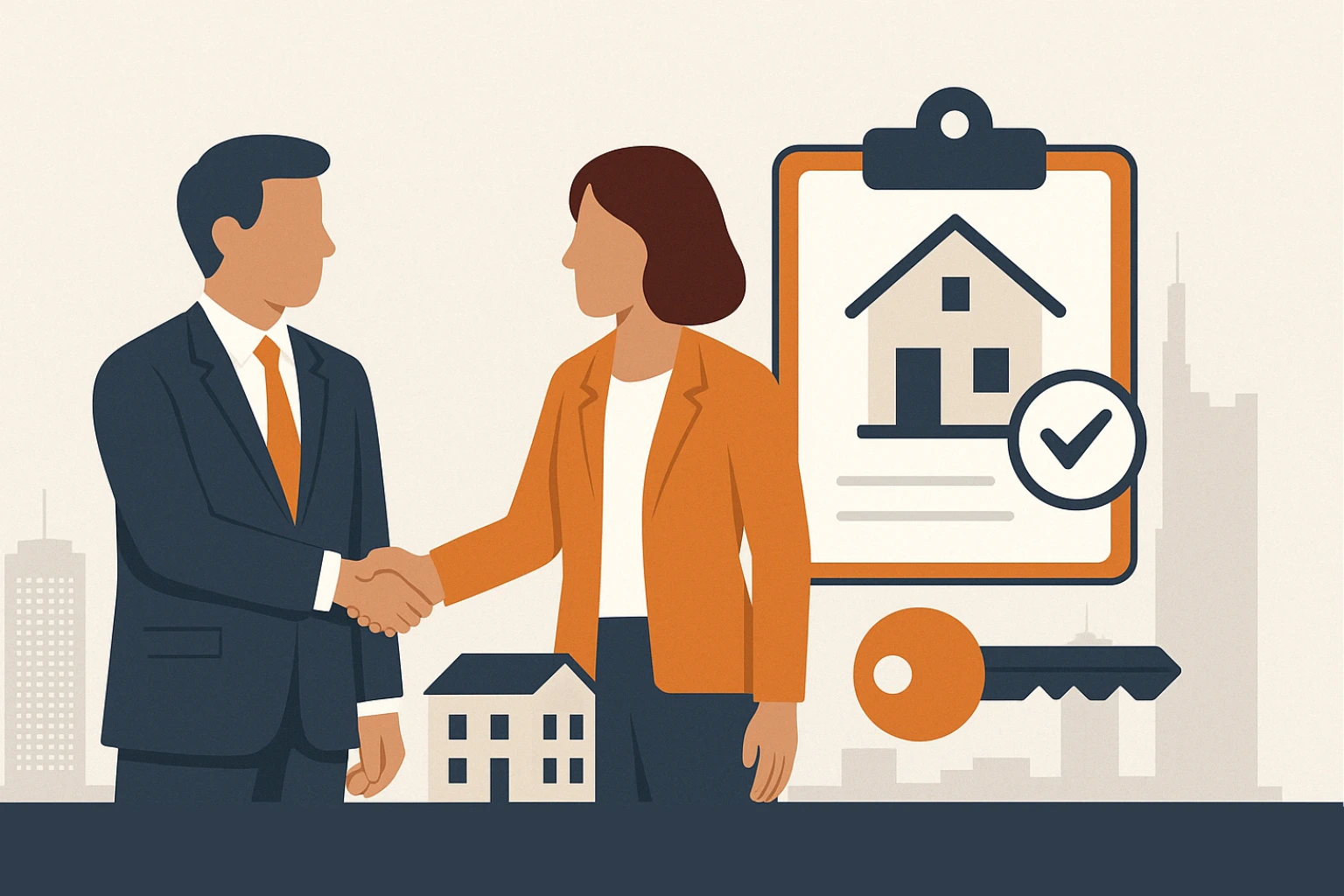 Valuvis: Ihr Effizienz- und Compliance-Partner für die Wohnungsvermietung in Frankfurt Flat Design Illustration von Handschlag zwischen Vermieter und Immobilienpartner vor Skyline – Symbolbild für rechtssichere Wohnungsvermietung in Frankfurt mit Valuvis.
