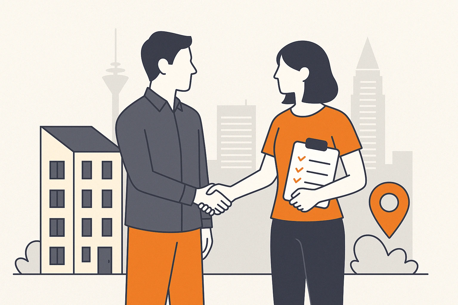 Fazit: Mit Strategie zur erfolgreichen Wohnungsvermietung in Frankfurt Flat Design Illustration mit Handschlag, Wohnung, Checkliste und Skyline – Symbolbild für erfolgreiche Wohnungsvermietung in Frankfurt mit Unterstützung.