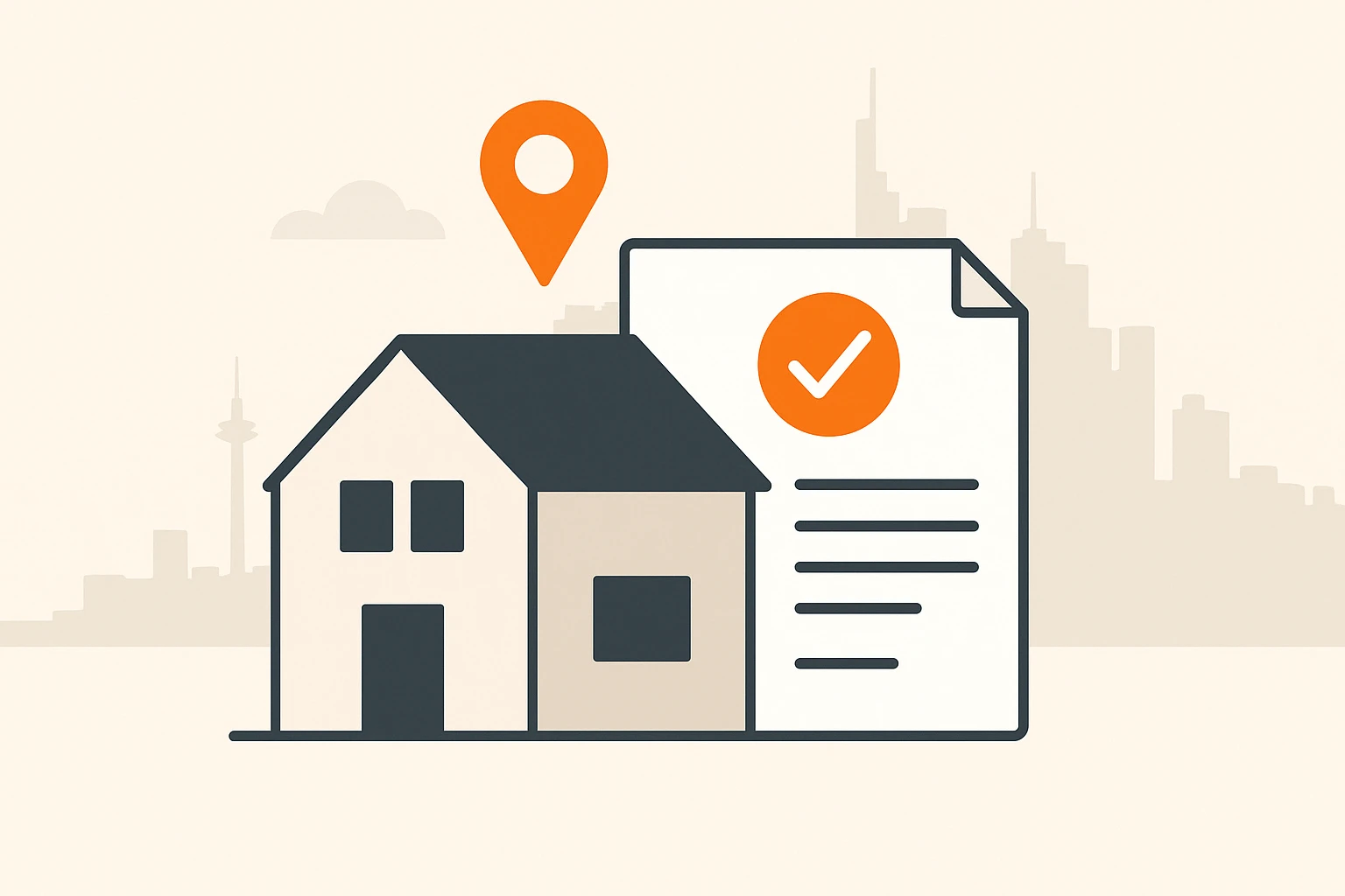 Immobilienbewertung in Frankfurt: So ermitteln Sie den wahren Wert Ihrer Immobilie Flat Design Illustration eines Hauses mit Bewertungsdokument und Standortmarker vor der Frankfurter Skyline – Symbolbild für Immobilienbewertung in Frankfurt am Main