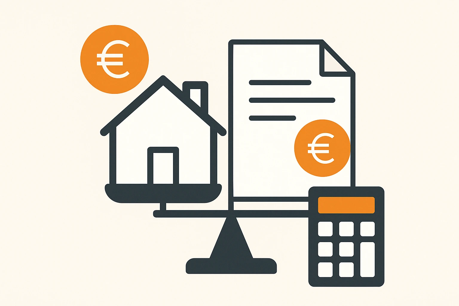 Immobilienbewertung in Frankfurt: Vergleichswertverfahren, Ertragswertverfahren, Sachwertverfahren Flat Design Illustration einer Waage mit Haus und Dokument, ergänzt durch Euro-Zeichen und Taschenrechner – Symbolbild für Bewertungsverfahren bei Immobilien in Frankfurt