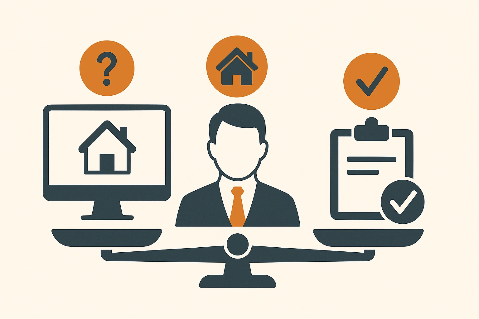 Online-Tool, Makler, Gutachter: Welche Bewertung für welchen Zweck? Flat Design Illustration eines Entscheidungsprozesses zur Immobilienbewertung mit PC-Symbol, Maklerfigur und Gutachten-Clipboard – visuelle Darstellung von Online-Tool, Makler und Gutachterbewertung