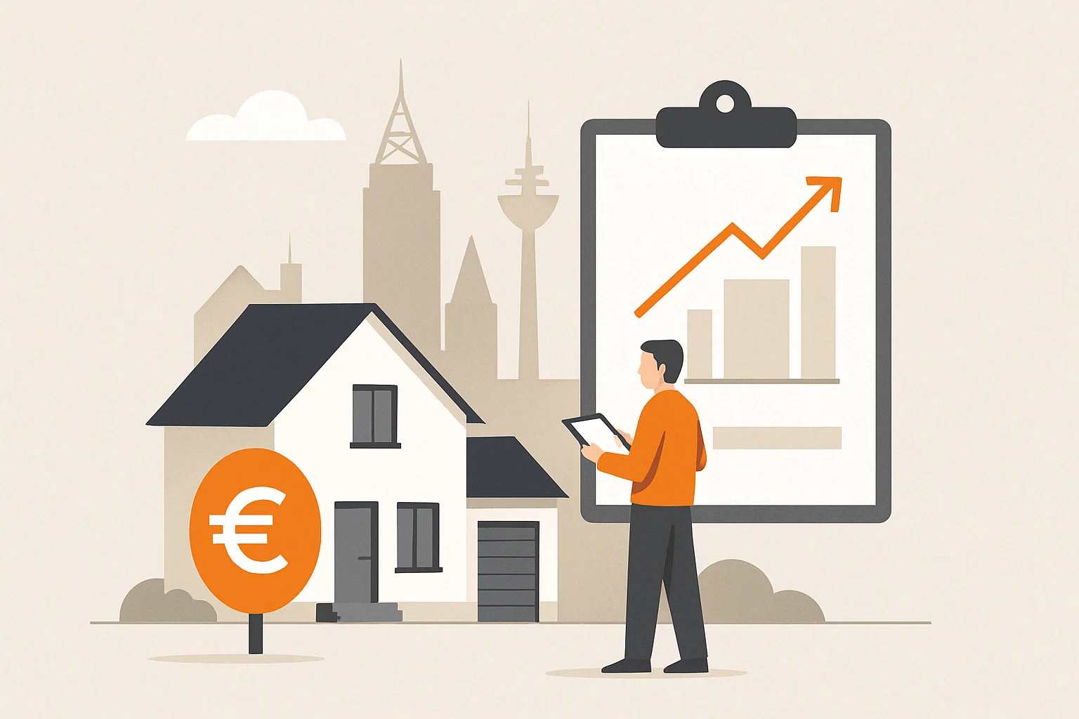 Fazit: Wissen, was Ihre Frankfurter Immobilie wert ist Flat Design Illustration eines Hauses mit Euro-Symbol, Experte mit Tablet und aufsteigendem Diagramm vor der Skyline von Frankfurt – Symbolbild für professionelle Immobilienbewertung und Handlungssicherheit