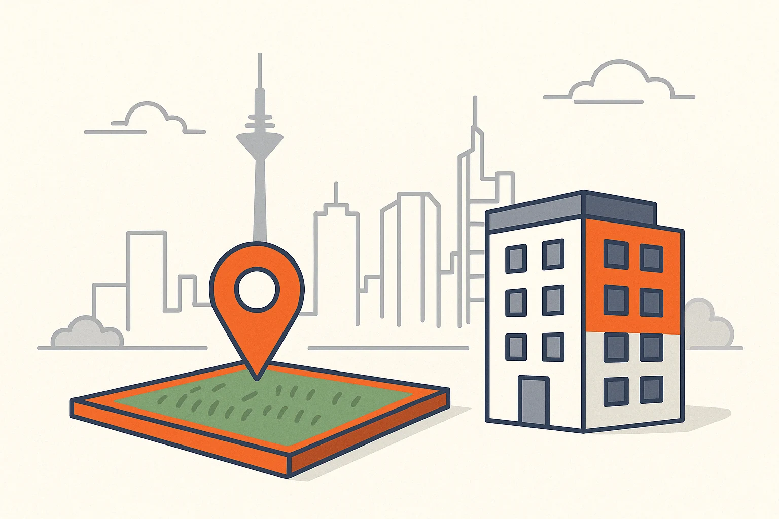 Grundstück bewerten in Frankfurt Flat Design Illustration eines Grundstücks mit Lage-Pin und Gebäude vor Skyline von Frankfurt – Symbolbild für Grundstücksbewertung und Baurecht
