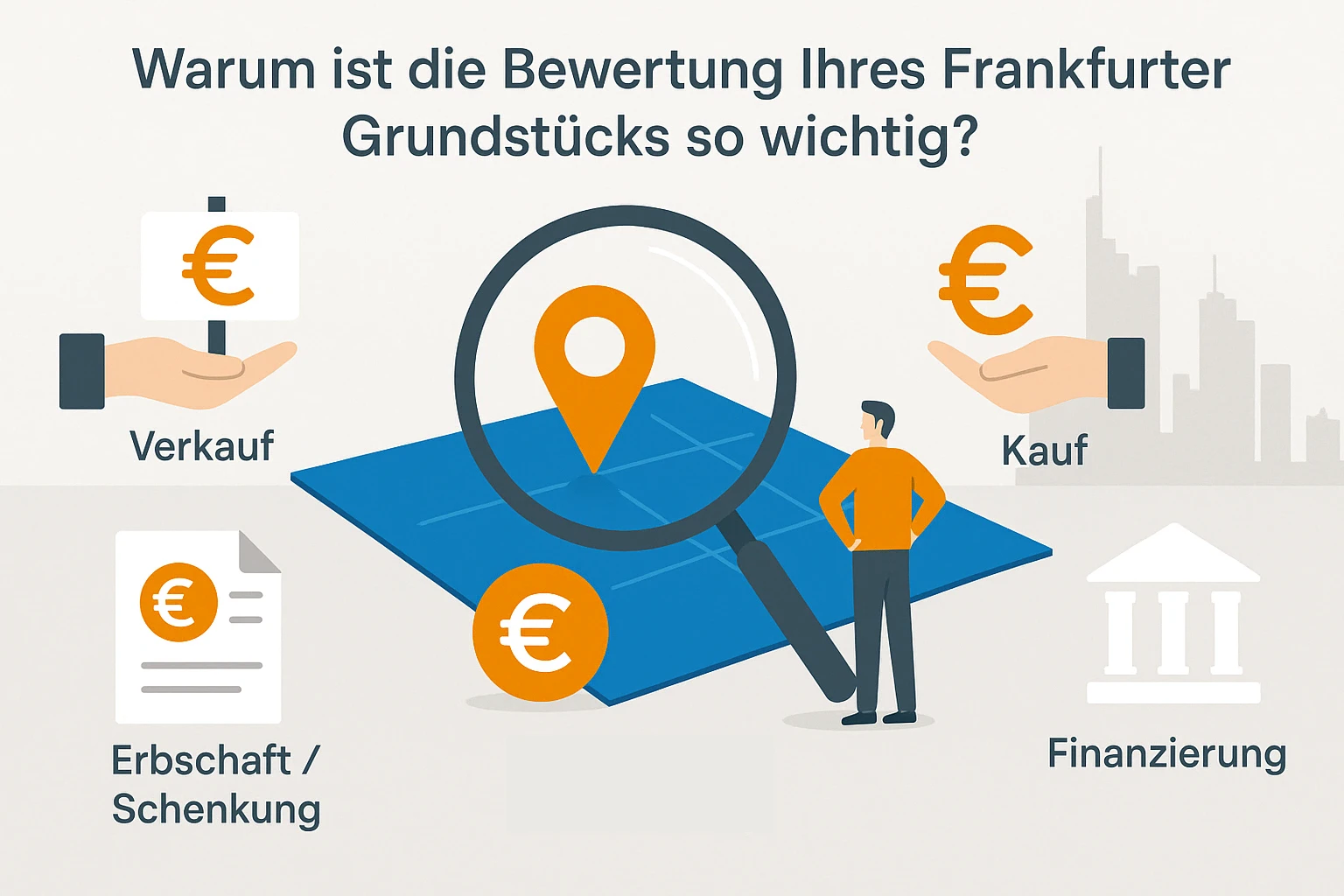 Grundstücksbewertung in Frankfurt – Wie nutzen Sie das volle Potenzial Ihres Bodens Flat Design Illustration eines Grundstücks mit Baustellen-Icon, Standortmarker und Frankfurter Skyline – Symbolbild für strategische Grundstücksbewertung und Nutzungspotenzial in Frankfurt