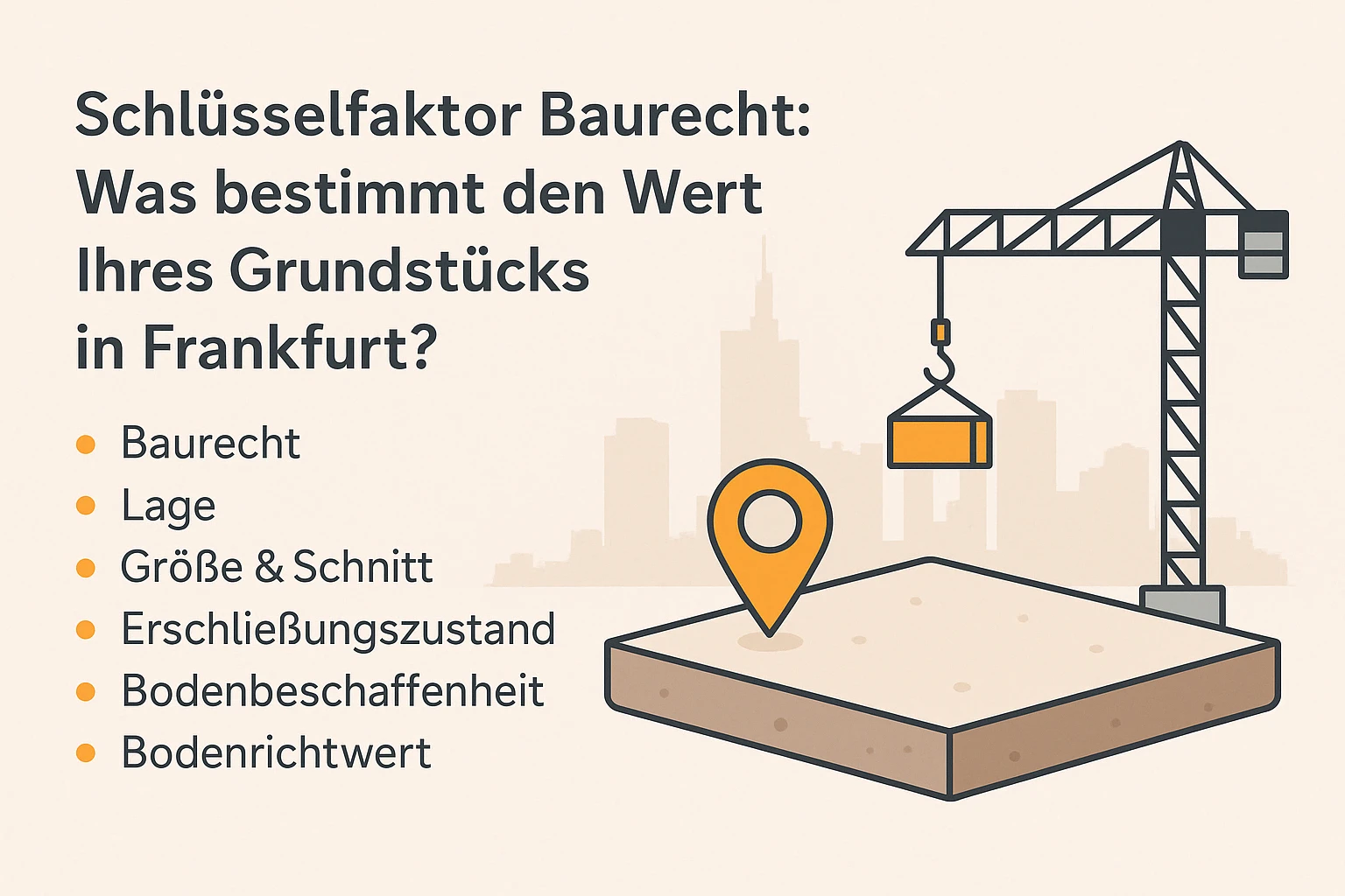 Baurecht ist der wichtigste Faktor für die Grundstücksbewertung in Frankfurt Flat Design Illustration eines Grundstücks mit Baukran, Lage-Pin und Frankfurter Skyline – Symbolbild für Baurecht und Wertermittlung bei Grundstücken in Frankfurt