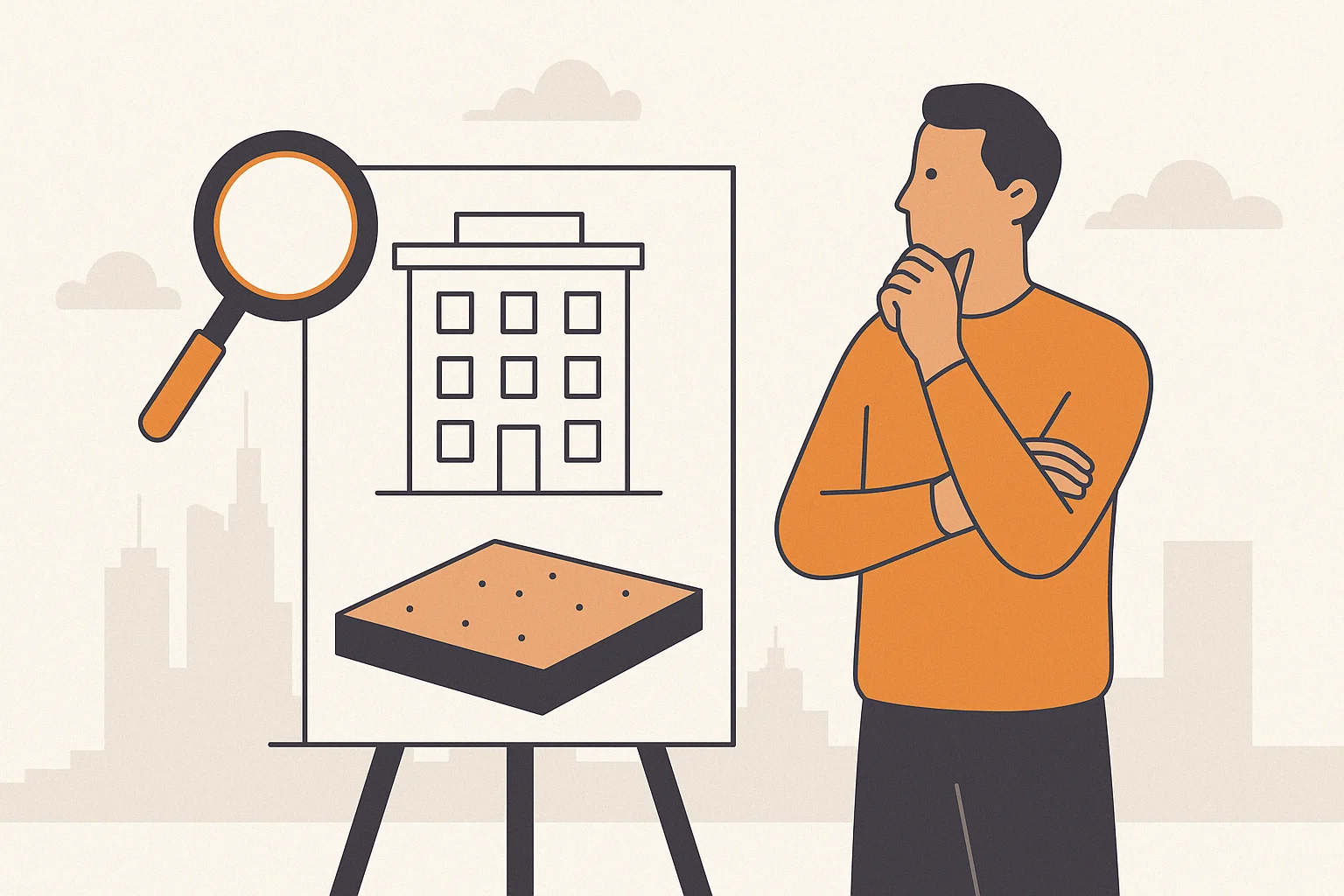 Ablauf der Grundstücksbewertung in Frankfurt – von der Anfrage bis zur Wertindikation Flat Design Illustration eines Mannes mit Bauplan und Grundstücksskizze vor Frankfurter Skyline – symbolische Darstellung des Bewertungsprozesses für Grundstücke in Frankfurt