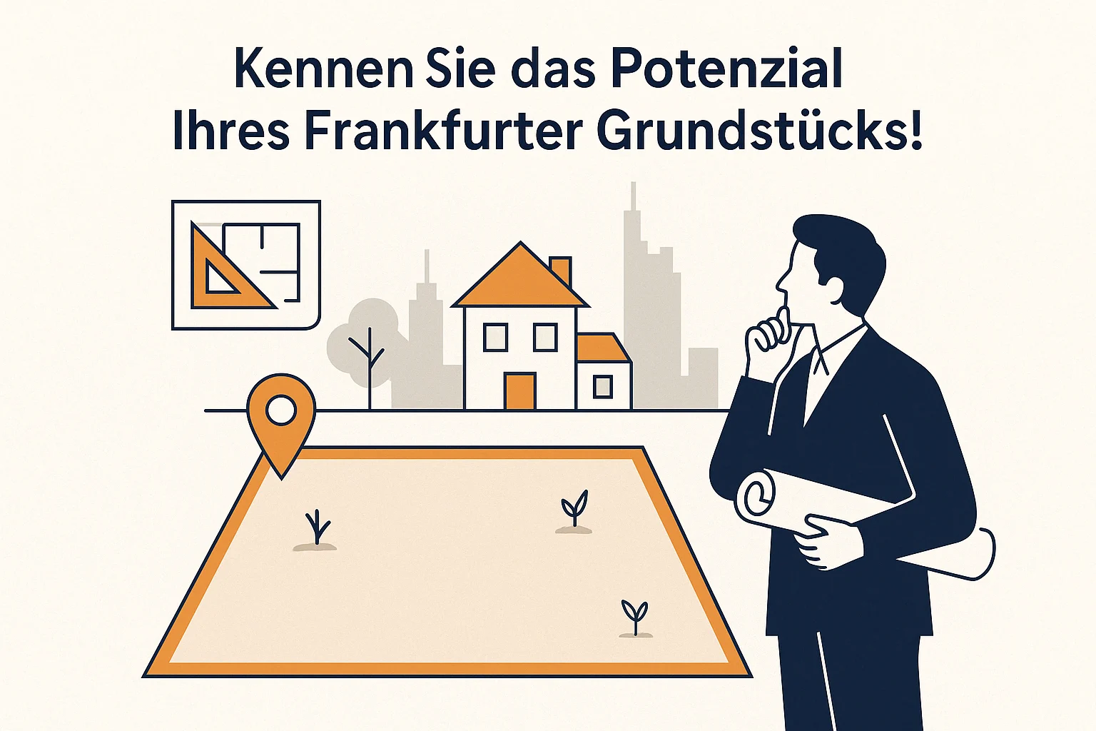 Zukunft des Grundstücks in Frankfurt – Wertsteigerung durch Baurecht und Entwicklungspotenzial Flat Design Illustration eines Bauherren, der ein freies Grundstück mit digitalen Bauplänen analysiert – vor der Skyline von Frankfurt – Symbolbild für strategische Grundstücksbewertung und Zukunftspotenzial