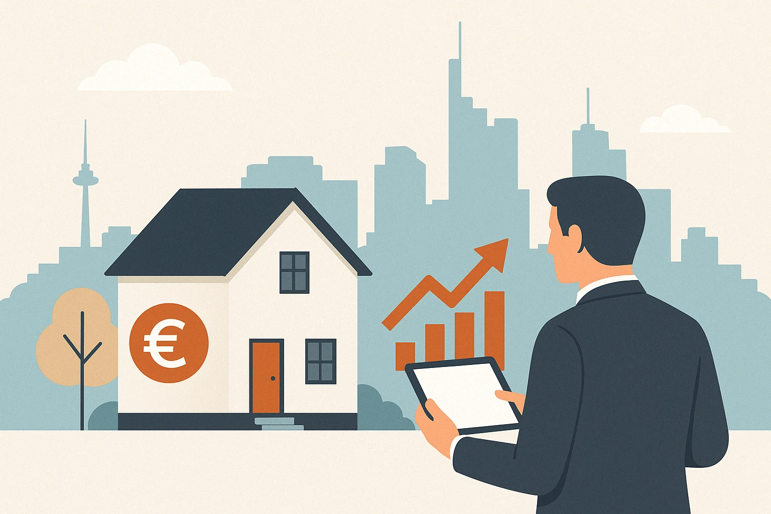 Flat Design Illustration eines Hauses mit Euro-Symbol, Immobilienexperte mit Tablet und aufsteigender Marktgrafik vor der Skyline von Frankfurt – Symbolbild für Hausbewertung in Frankfurt
