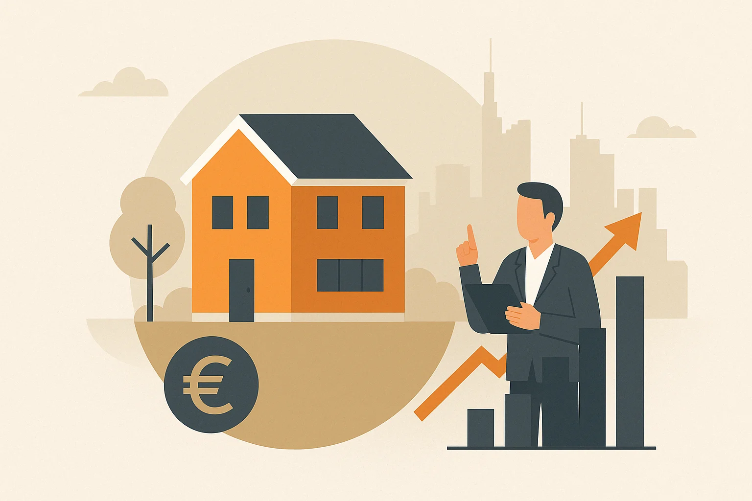 Flat Design Illustration eines Hauses auf Grundstück mit Euro-Symbol, Immobiliengutachter und Wachstumsdiagramm vor Frankfurter Skyline – Symbolbild für Besonderheiten bei der Hausbewertung in Frankfurt