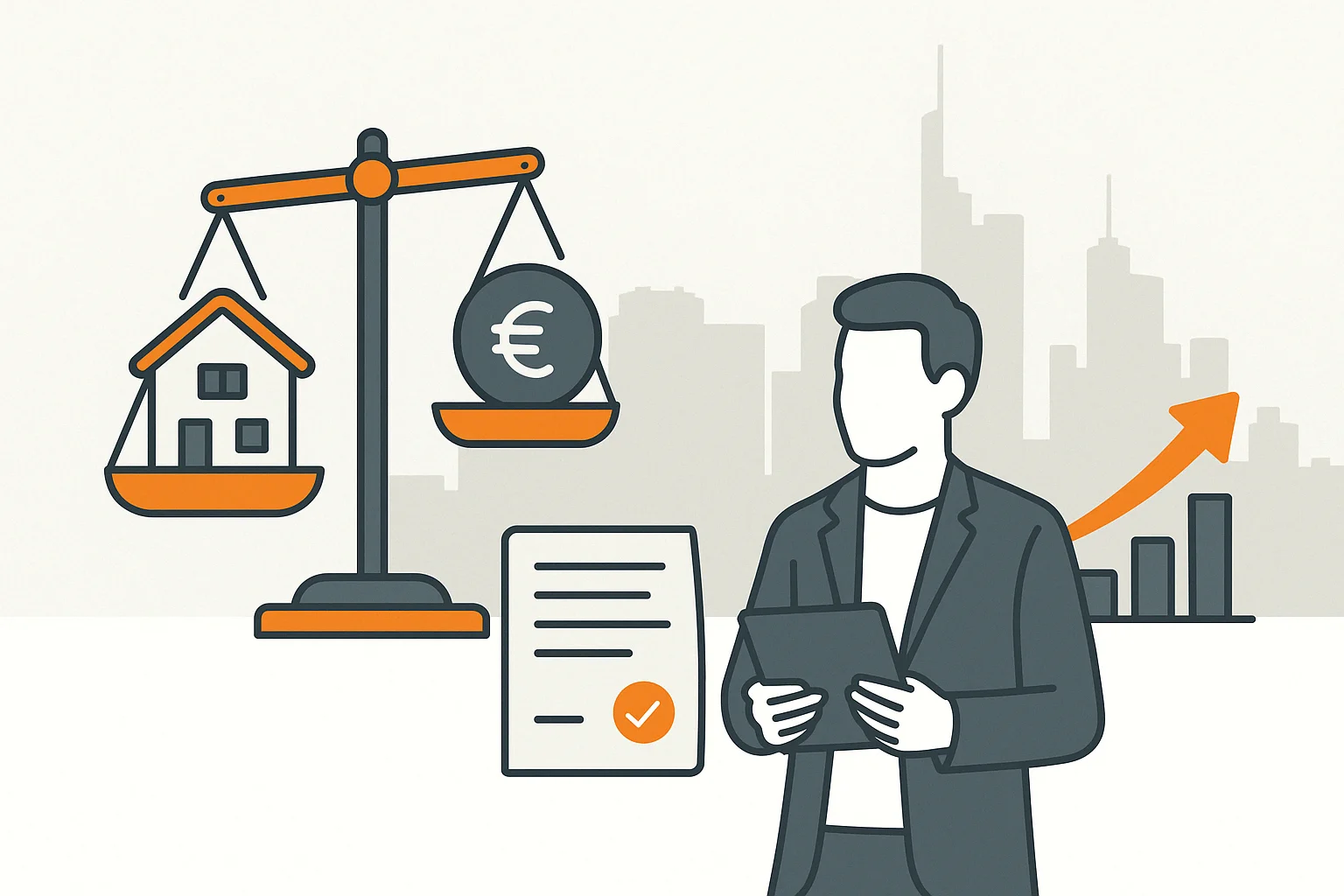 Flat Design Illustration mit Waage, Haus, Euro-Symbol und Immobilienexperte vor Skyline – Symbolbild für Sachwert- und Vergleichswertverfahren bei der Hausbewertung in Frankfurt