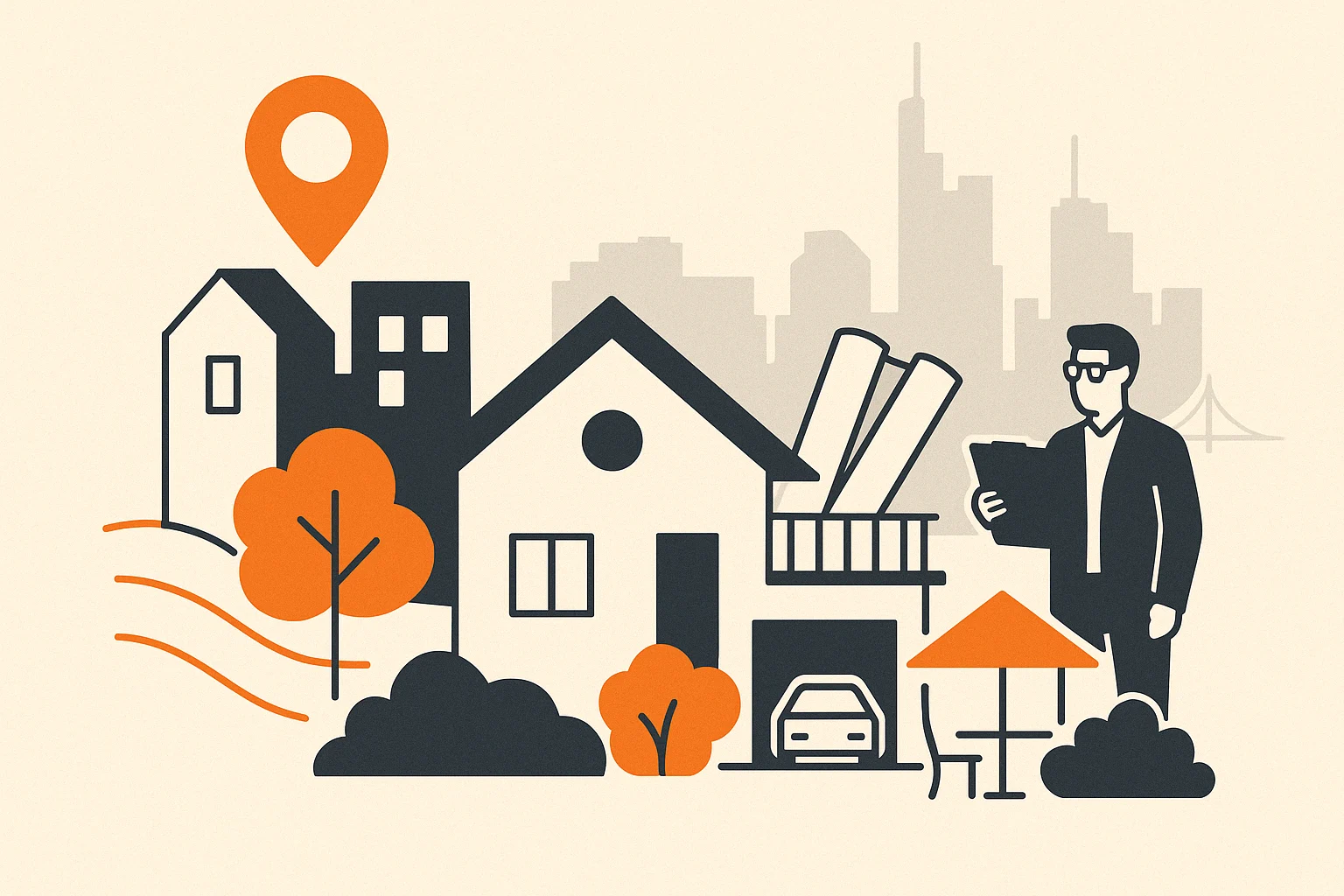 Flat Design Illustration mit Haus, Garten, Garage, Lage-Marker und Gutachter vor der Skyline von Frankfurt – Symbolbild für die Schlüsselfaktoren bei der Hausbewertung
