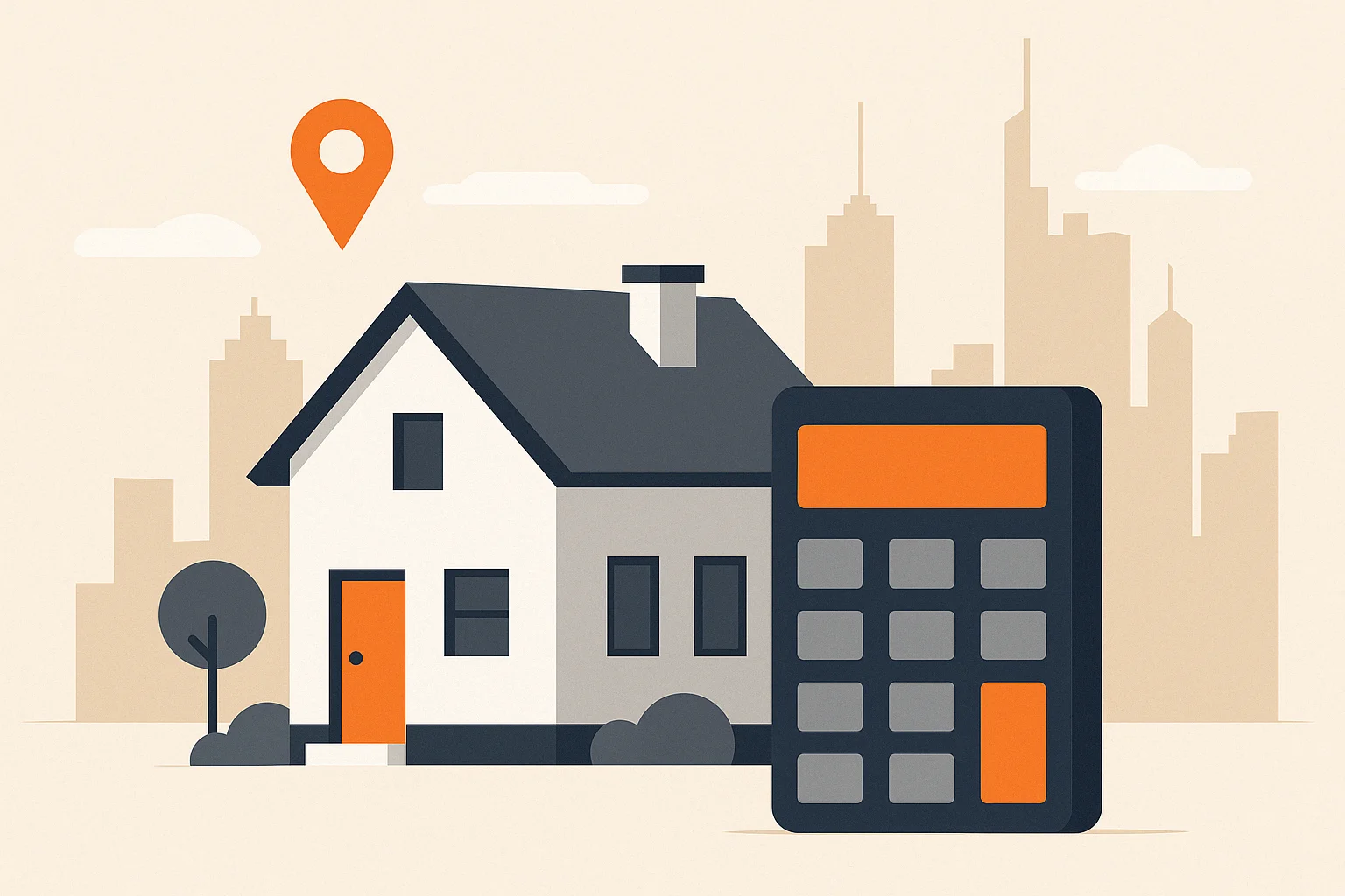 Flat Design Illustration eines Einfamilienhauses mit Standortmarker und großem Taschenrechner vor der Skyline von Frankfurt – Symbolbild für fundierte Hausbewertung und Entscheidungsgrundlage