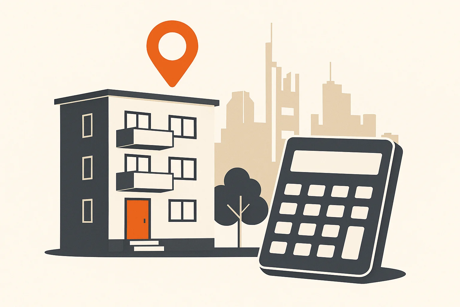 Flat Design Illustration eines modernen Mehrfamilienhauses mit Standortmarker und großem Taschenrechner vor der Skyline von Frankfurt – Symbolbild für Wohnungsbewertung in Frankfurt