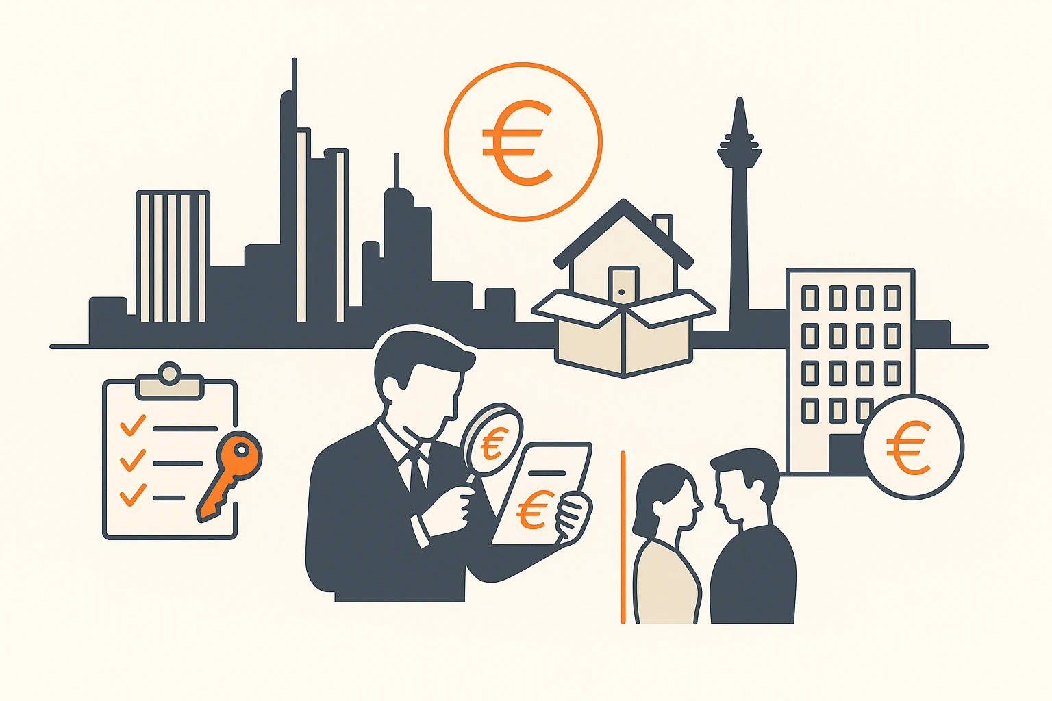 Flat Design Illustration mit Frankfurt-Silhouette, Wohnung, Euro-Zeichen, Gutachter, Checkliste und Paar – Gründe für die Bewertung einer Eigentumswohnung in Frankfurt