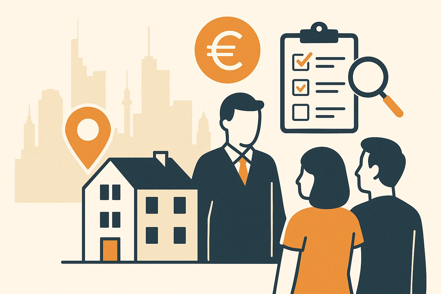 Flat Design Illustration mit Frankfurter Skyline, Wohnung, Lagepin, Euro-Symbol, Checkliste und Immobilienexperte – zentrale Faktoren zur Bewertung von Eigentumswohnungen in Frankfurt