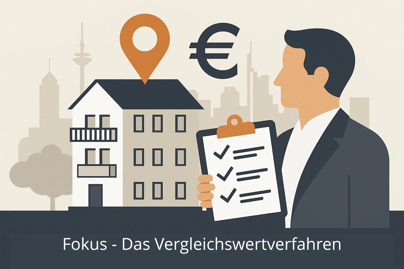 Flat Design Illustration eines Gutachters mit Checkliste vor einem Frankfurter Mehrfamilienhaus, mit Standortmarker und Euro-Zeichen – Symbolbild für Wohnungsbewertung per Vergleichswertverfahren