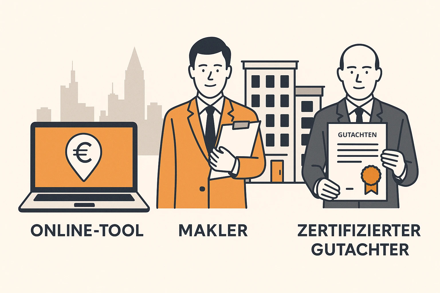 Flat Design Illustration mit Laptop für Online-Tool, Makler mit Klemmbrett und zertifiziertem Gutachter vor Skyline von Frankfurt – Vergleich der drei Bewertungsarten für Wohnungen