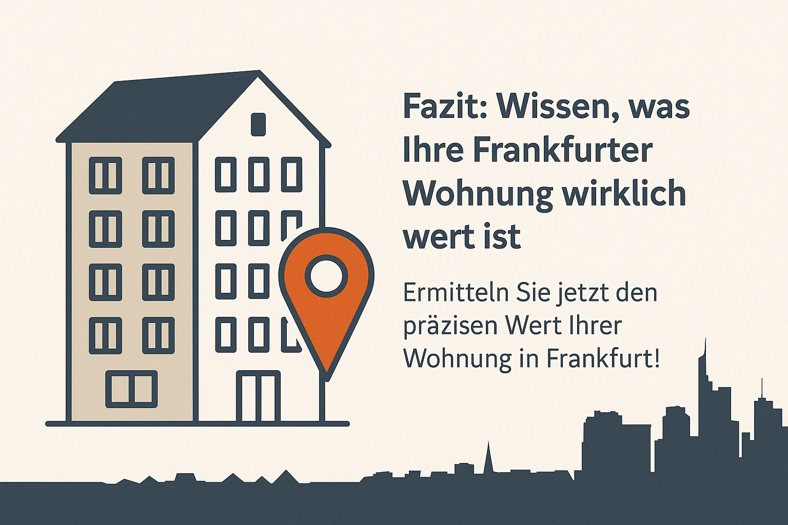 Flat Design Illustration eines modernen Mehrfamilienhauses mit Standortmarker und Frankfurter Skyline – visuelle Zusammenfassung zum Wert einer Wohnung in Frankfurt