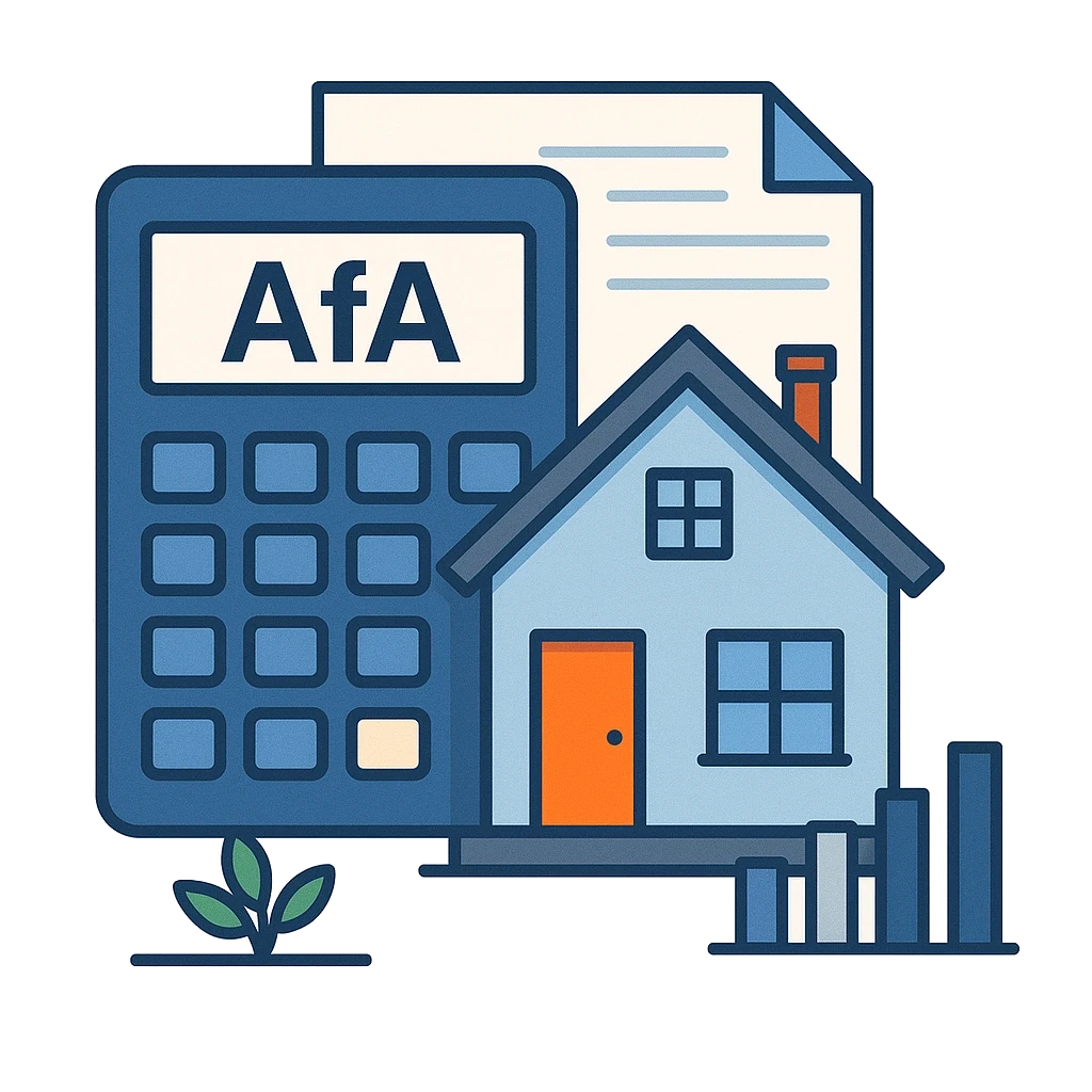 AfA-Rechner für Immobilien: Abschreibung einfach berechnen Eine einfache Vektorillustration eines Taschenrechners und eines Hauses in einem farbenfrohen Design das Praezision und Einfachheit bei Finanzberechnungen symbolisiert.