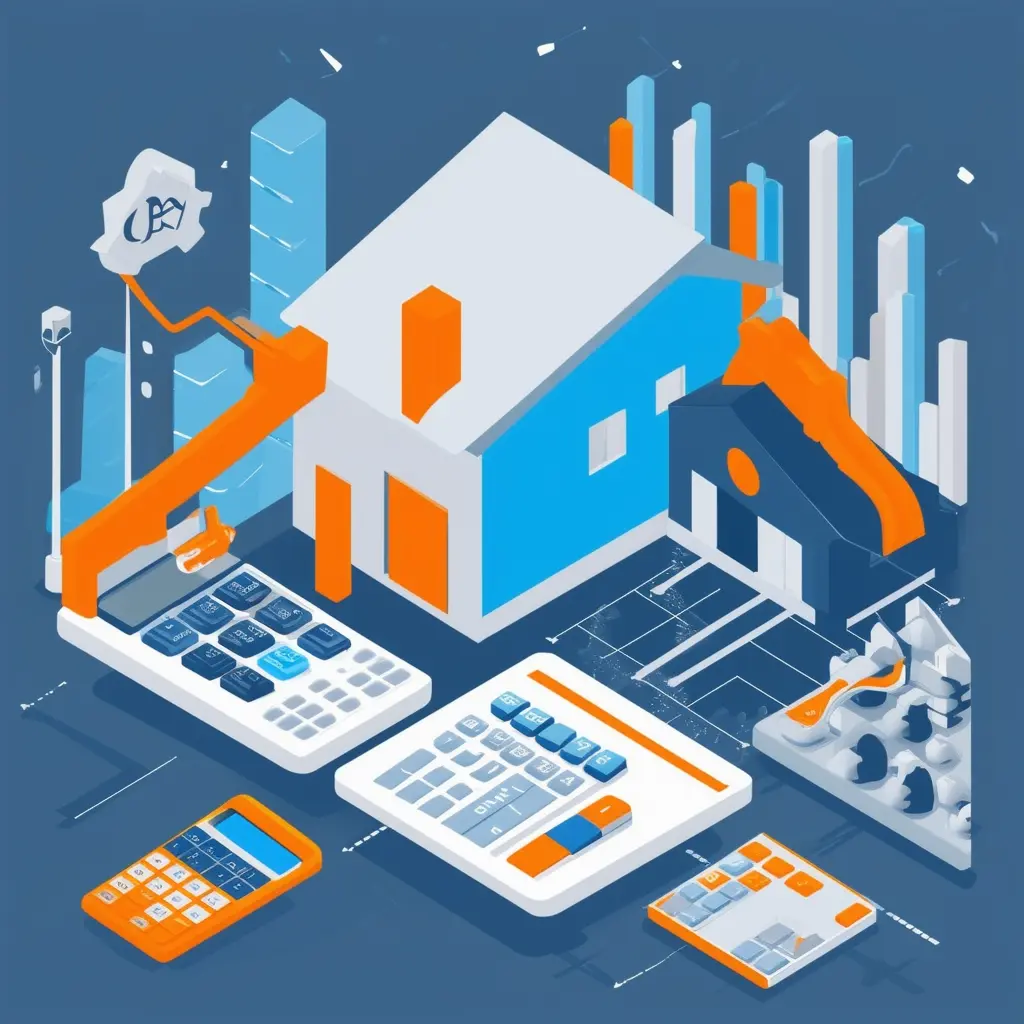 Eine moderne Immobilienmarktszene mit digitalen Tools und Taschenrechnern.