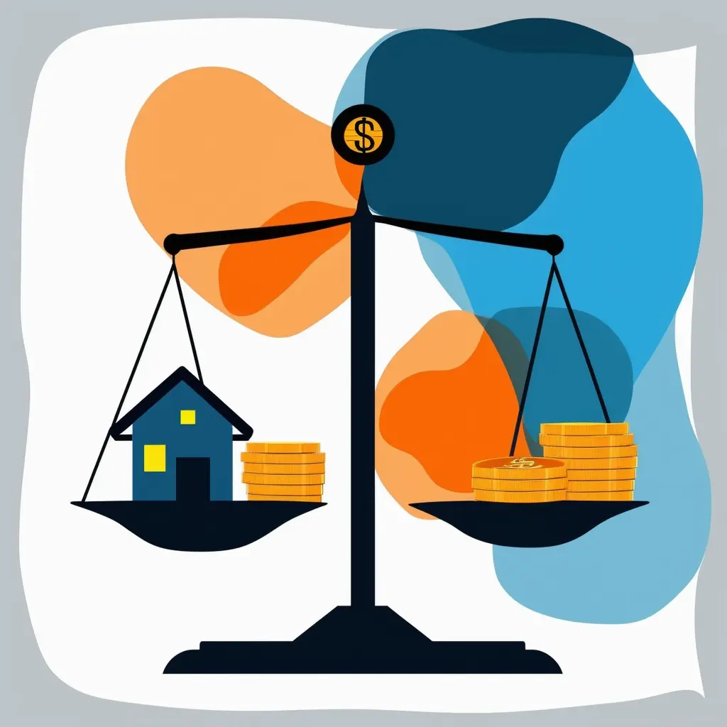 Eine ausgewogene Waage mit abstrakten Darstellungen von Haus und Geld.
